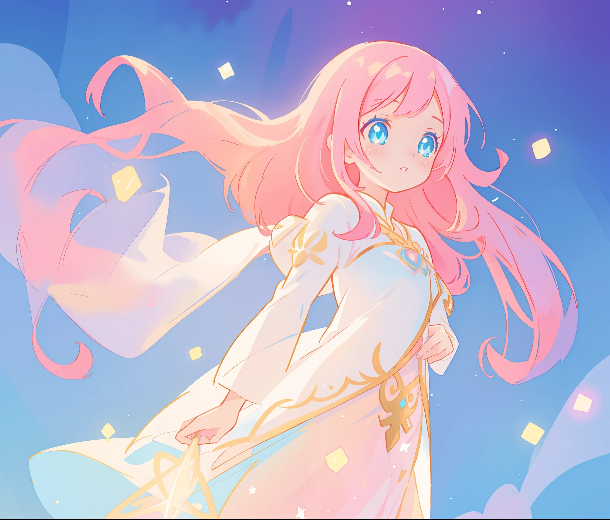 beautiful girl in white arabian two-piece dress, arabian princess, long colorful sparkling pink hair, watercolor illustration, Lois van Baarle, glowing aura around her, Glen Keane, jen bartel, glowing hair, beautiful digital illustration, fantasia background, beautiful, masterpiece, best quality, anime disney style, (detailed eyes), golden ratio, perfect composition