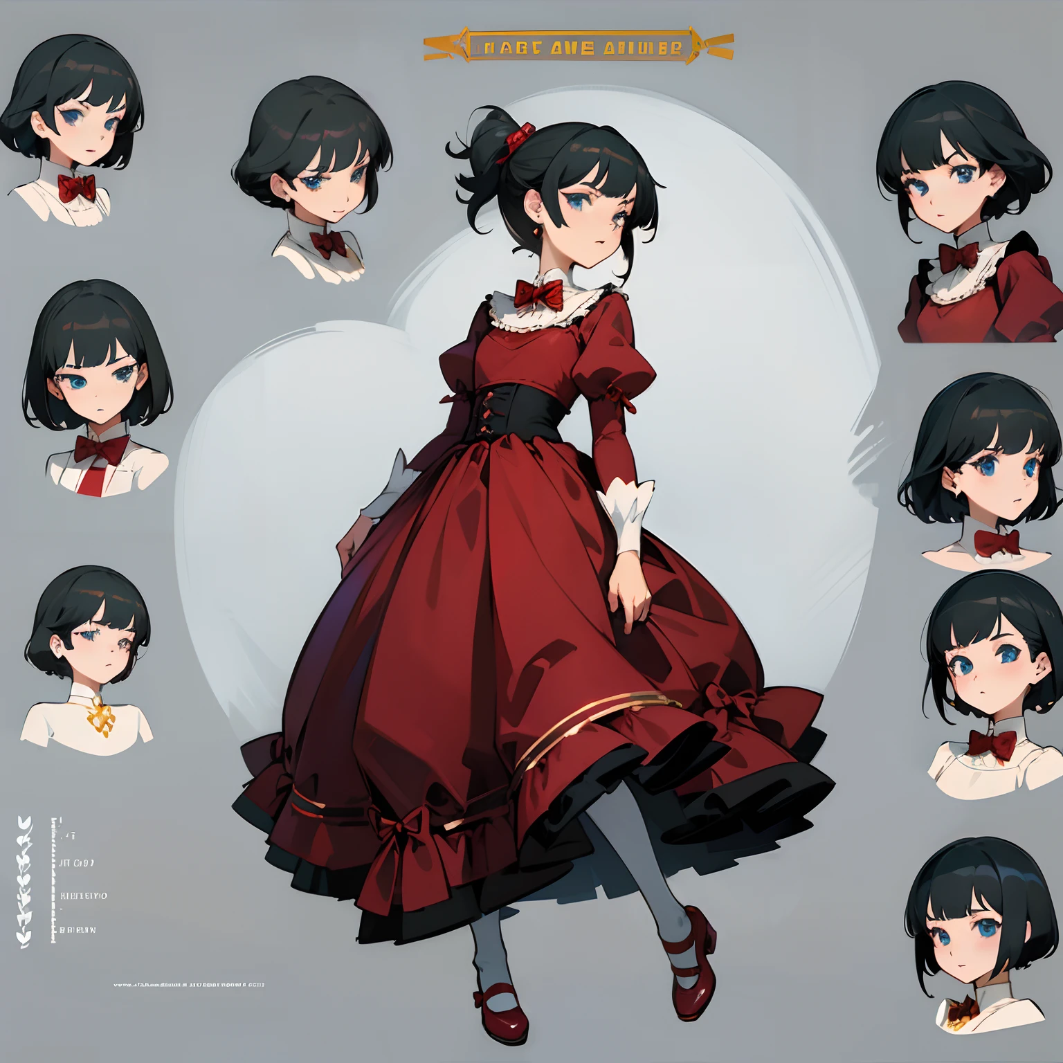 Reference sheet for a cute 12 years girl from a rich family, drawn in anime style, childlike, short black hair, hair pins, blue eyes, earrings, flat chested, red victorian gown with puffy sleeves, bow tie, ribbons, mary jane shoes, white stockings, makeup, gold necklace with diamond, high quality, highly detailed, 4K.