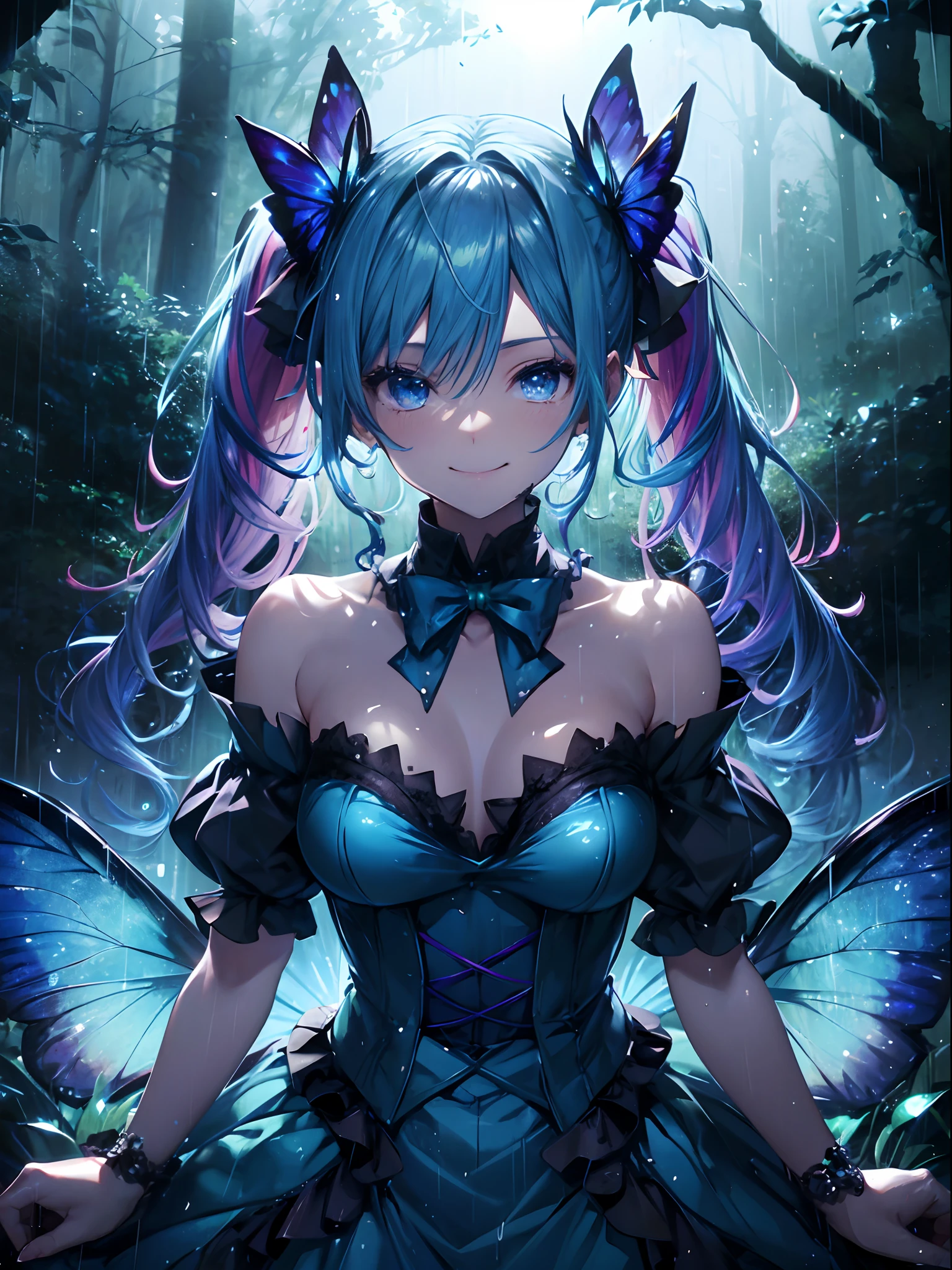 Leprechaun、in woods、(masutepiece:1.3), (8K, Photorealistic, Raw photo, Best Quality: 1.4), Beautiful face, (Realistic face), Beautiful detailed eyes, (Realistic skin), Attractive, Intricate details,Golden ratio, 1 girl,A smile, (rainbow hair:1.4),((Long twintails,Ribbon 1.4)),Leprechaun、Blue Butterfly Cosplay(Blue butterfly wings 1.5)、Fairy dress,(Blue butterfly hair ornament),off shoulders,Dynamic Pose,Dynamic Angle,Intricate details, Hyper realistic, (Rainy night in the neon-lit forest),(Elegant),(Soft candlelight),(melancholic),(Gentle touch),(emotional),Cold,