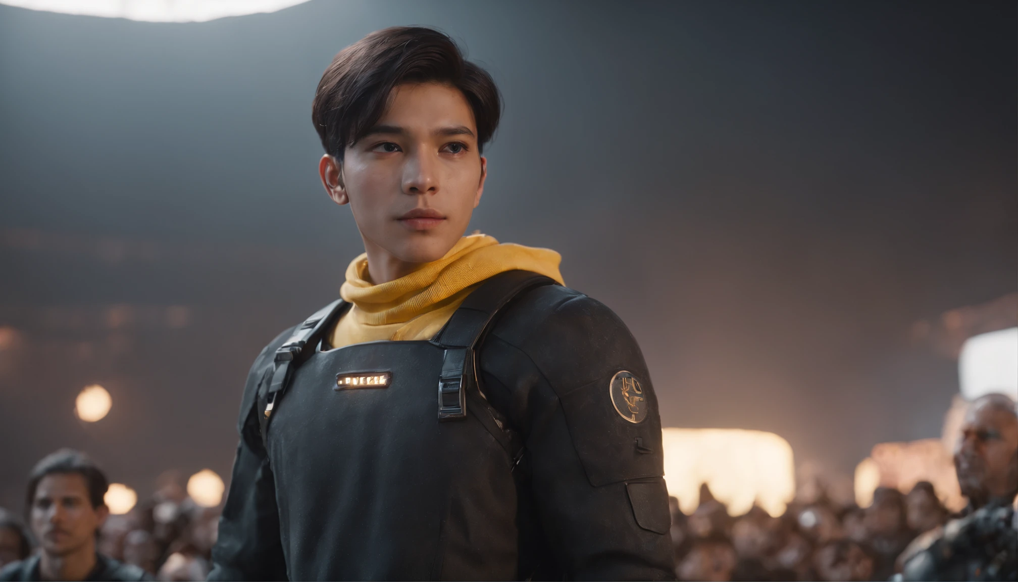 RAW, Masterpiece, Super Fine Photo, Ultra High Resolution, Photorealistic, Full Body Portrait, latino hispanic young man wearing, black pants and yellow sweater, black hair, cyberpunk hairstyle, stands on stage in front of a crowd speaking to the audience, cybernetically enhanced, pigeoncore, neo-dadaist, mechanized precision, in the style of mecha sci-fi anime, 8k, best quality, highres,Ultra-realistic 64K CG, Photorealista:1.4, Skin Texture:1.4, Volumetric fog, 8k uhd, dslr, high quality, film grain, pink light emits from tv in background, photorealism, lomography, translucent