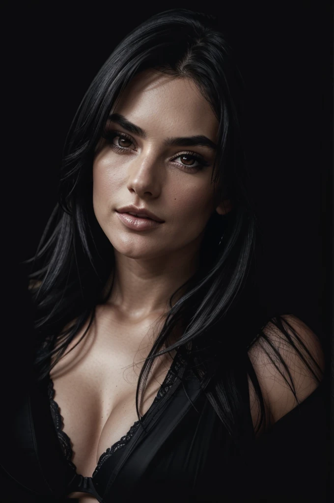 a close up of a woman with long black hair and a black bra, beautiful woman, femme fatale, dark lighting, detailed face, detailed skin, 8k, gorgeous woman, soft portrait shot 8 k, portrait, beautiful femme woman, realistic. big boobs,  long hair and piercing eyes