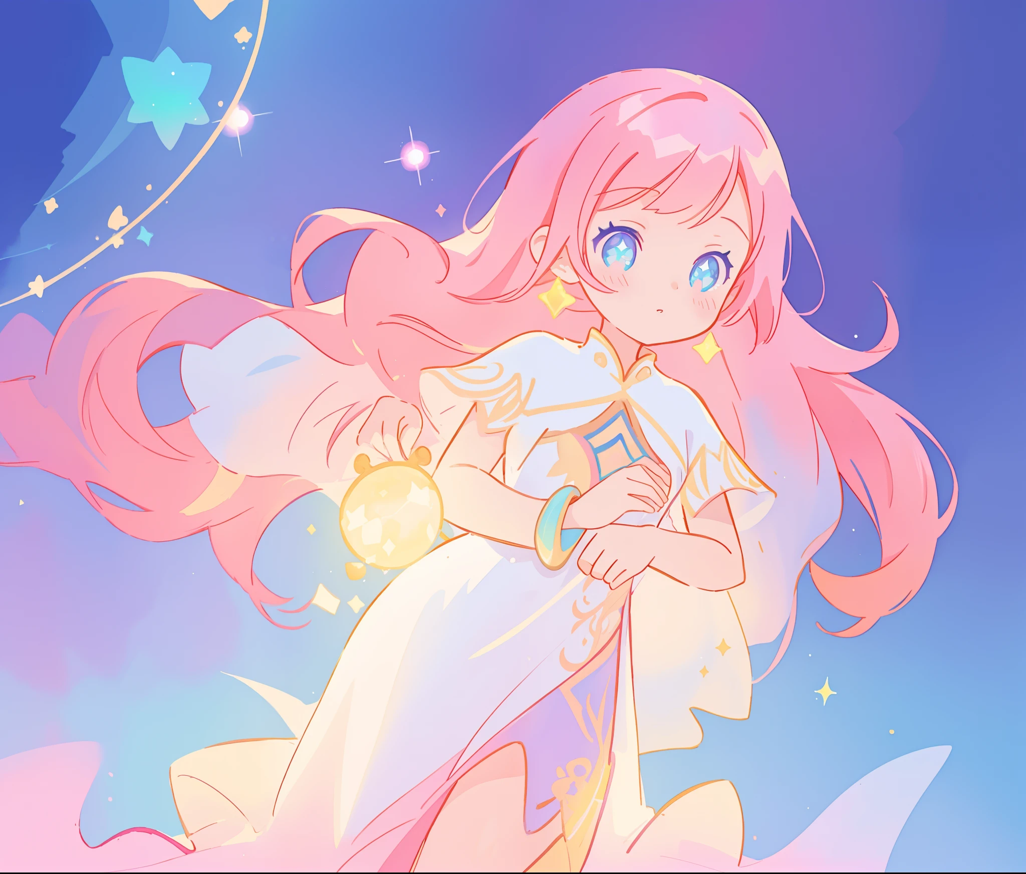 beautiful girl in white arabian two-piece dress, arabian princess, long colorful sparkling pink hair, watercolor illustration, Lois van Baarle, glowing aura around her, Glen Keane, jen bartel, glowing hair, beautiful digital illustration, fantasia background, beautiful, masterpiece, best quality, anime disney style, (detailed eyes), golden ratio, perfect composition