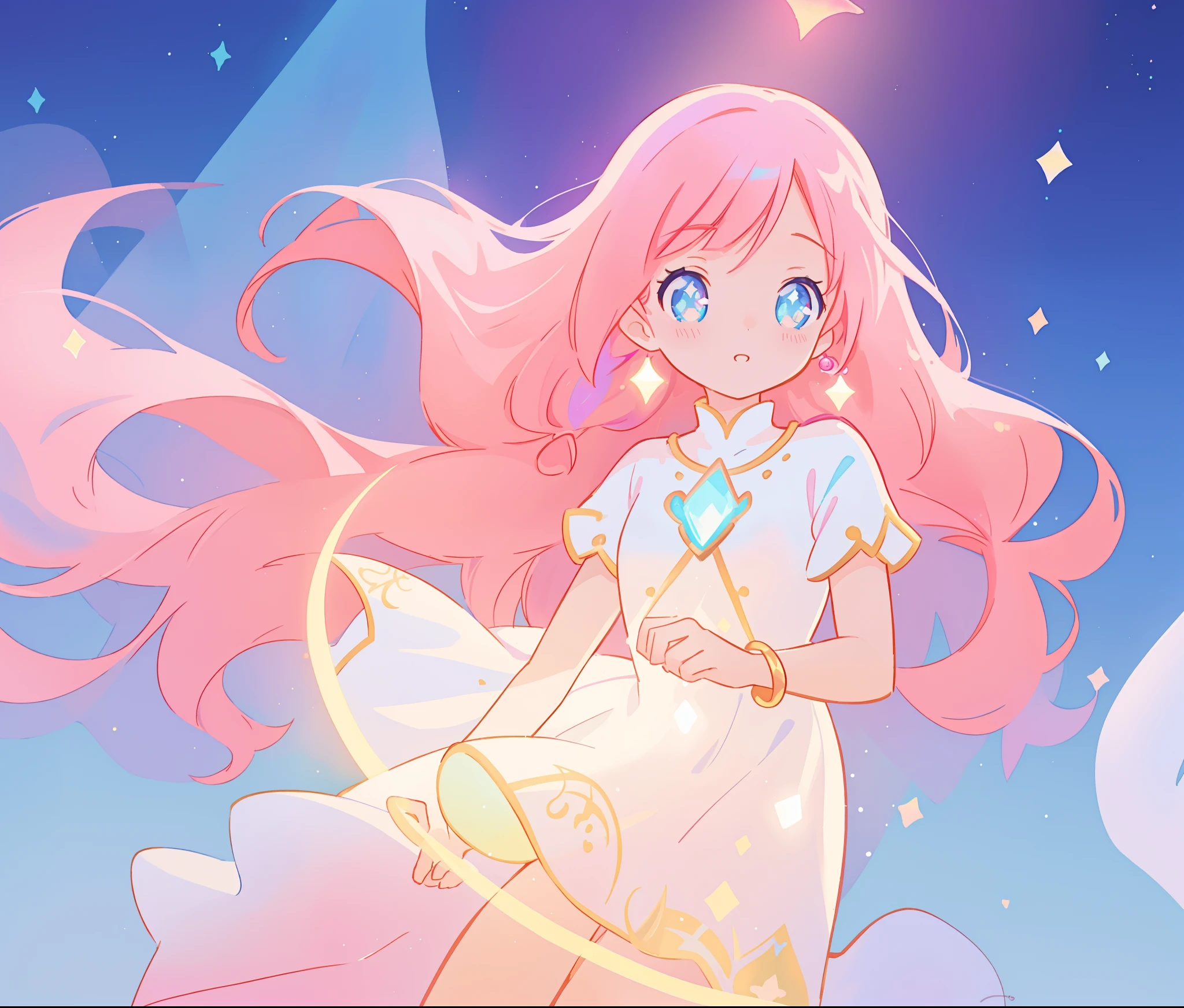 beautiful girl in white arabian two-piece dress, arabian princess, long colorful sparkling pink hair, watercolor illustration, Lois van Baarle, glowing aura around her, Glen Keane, jen bartel, glowing hair, beautiful digital illustration, fantasia background, beautiful, masterpiece, best quality, anime disney style, (detailed eyes), golden ratio, perfect composition