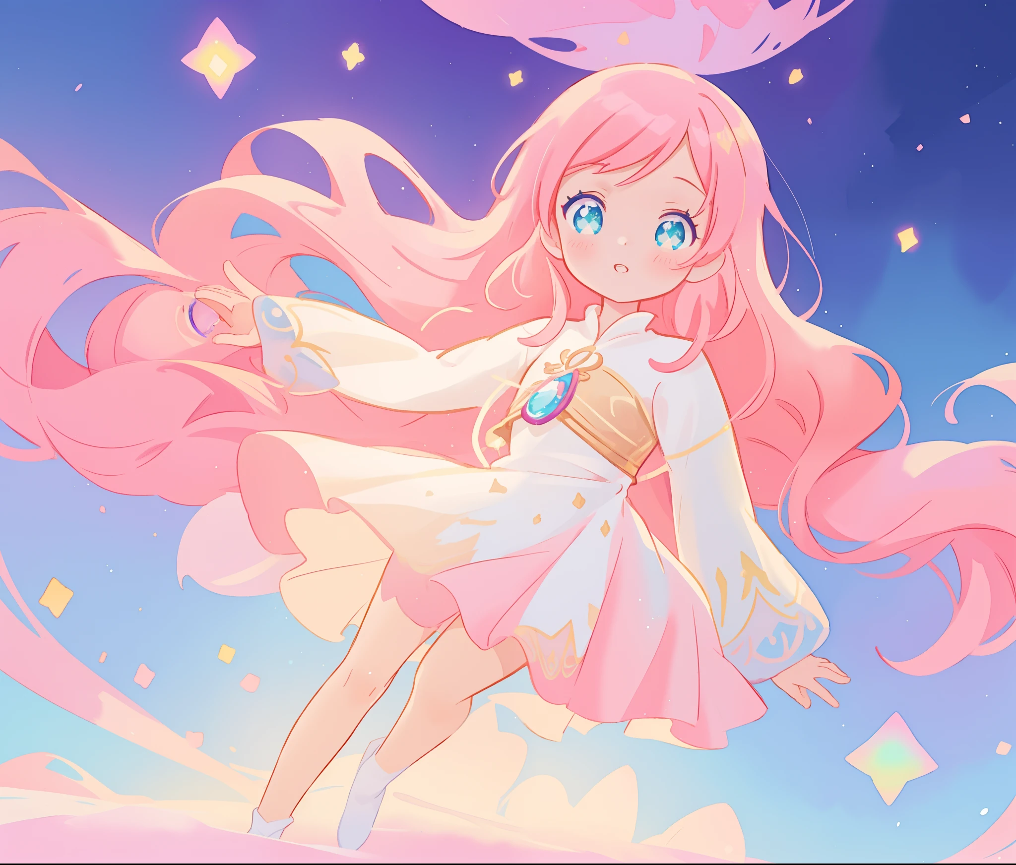 beautiful girl in white arabian two-piece dress, arabian princess, long colorful sparkling pink hair, watercolor illustration, Lois van Baarle, glowing aura around her, Glen Keane, jen bartel, glowing hair, beautiful digital illustration, fantasia background, beautiful, masterpiece, best quality, anime disney style, (detailed eyes), golden ratio, perfect composition