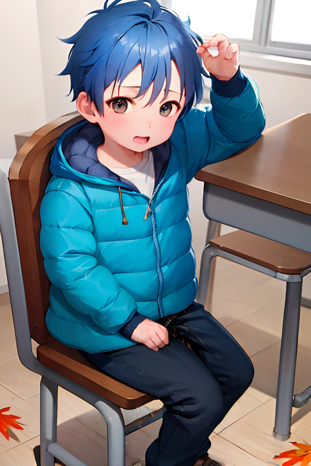 5 year old boy, Blue hair and brown eyes, Dressed in blue with an autumn coat printed with a kitten, ((pee stain)), the shy,Sit on a small stool inside the kindergarten