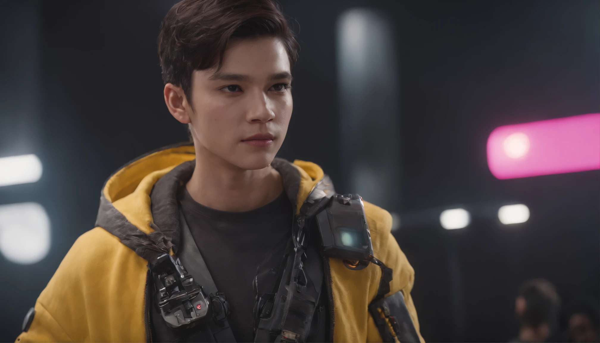 RAW, Masterpiece, Super Fine Photo, Ultra High Resolution, Photorealistic, Full Body Portrait, latino hispanic young man wearing, black pants and yellow sweater, black hair, cyberpunk hairstyle, stands on stage in front of a crowd speaking to the audience, cybernetically enhanced, pigeoncore, neo-dadaist, mechanized precision, in the style of mecha sci-fi anime, 8k, best quality, highres,Ultra-realistic 64K CG, Photorealista:1.4, Skin Texture:1.4, Volumetric fog, 8k uhd, dslr, high quality, film grain, pink light emits from tv in background, photorealism, lomography, translucent