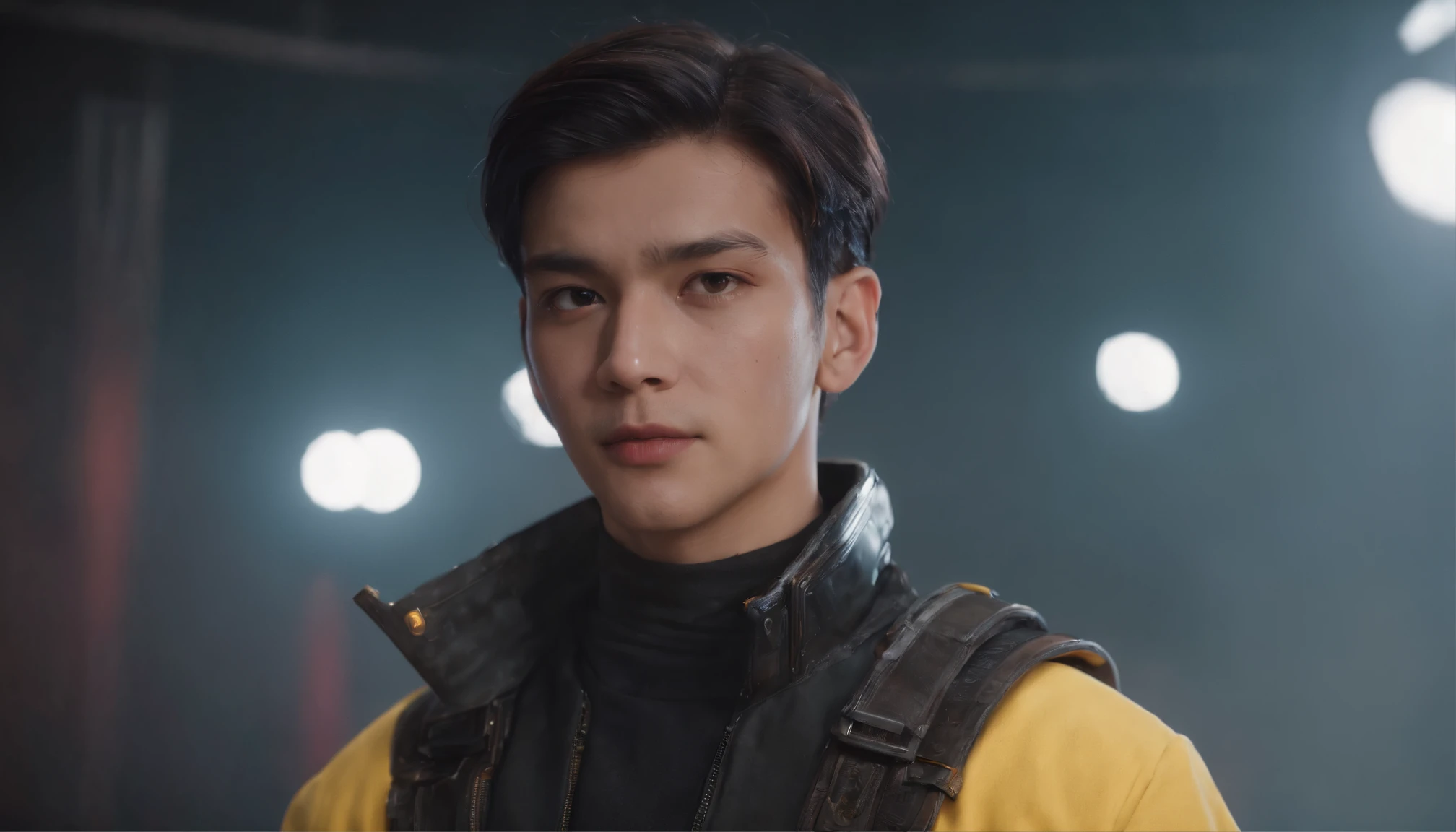 RAW, Masterpiece, Super Fine Photo, Ultra High Resolution, Photorealistic, Full Body Portrait, latino hispanic young man wearing, black pants and yellow sweater, black hair, cyberpunk hairstyle, stands on stage in front of a crowd speaking to the audience, cybernetically enhanced, pigeoncore, neo-dadaist, mechanized precision, in the style of mecha sci-fi anime, 8k, best quality, highres,Ultra-realistic 64K CG, Photorealista:1.4, Skin Texture:1.4, Volumetric fog, 8k uhd, dslr, high quality, film grain, pink light emits from tv in background, photorealism, lomography, translucent