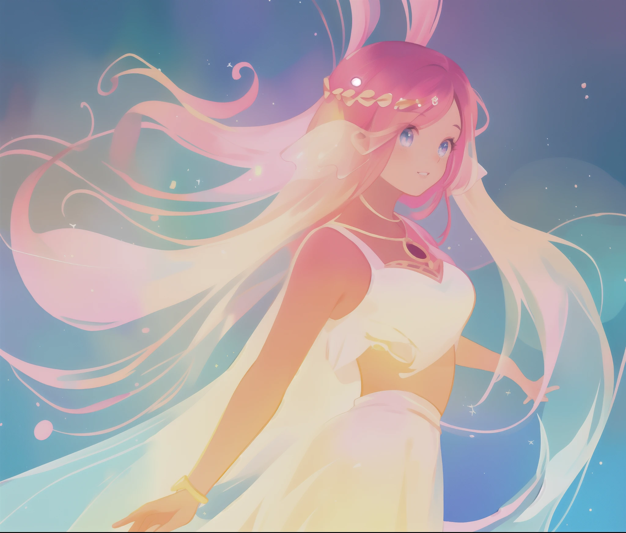 beautiful girl in white arabian dancer dress, arabian princess, arabian dress, long colorful sparkling pink hair, watercolor illustration, Lois van Baarle, glowing aura around her, Glen Keane, jen bartel, glowing hair, beautiful digital illustration, fantasia background, beautiful, masterpiece, best quality, anime disney style, (detailed eyes), golden ratio, perfect composition, (perfect anatomy)