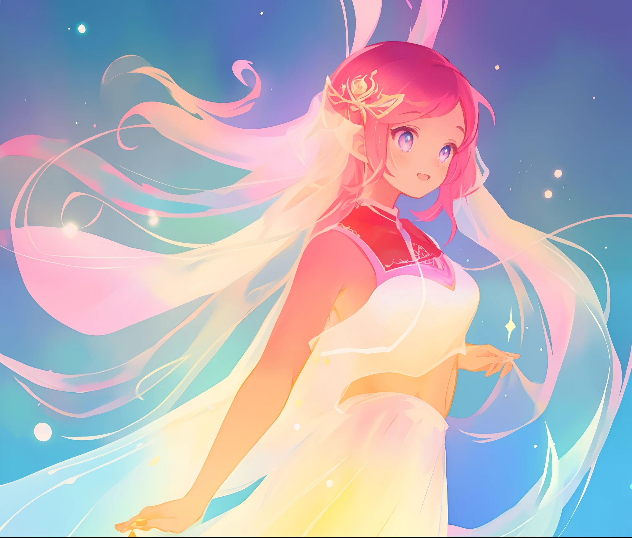 beautiful girl in white arabian dancer dress, arabian princess, arabian dress, long colorful sparkling pink hair, watercolor illustration, Lois van Baarle, glowing aura around her, Glen Keane, jen bartel, glowing hair, beautiful digital illustration, fantasia background, beautiful, masterpiece, best quality, anime disney style, (detailed eyes), golden ratio, perfect composition, (perfect anatomy)