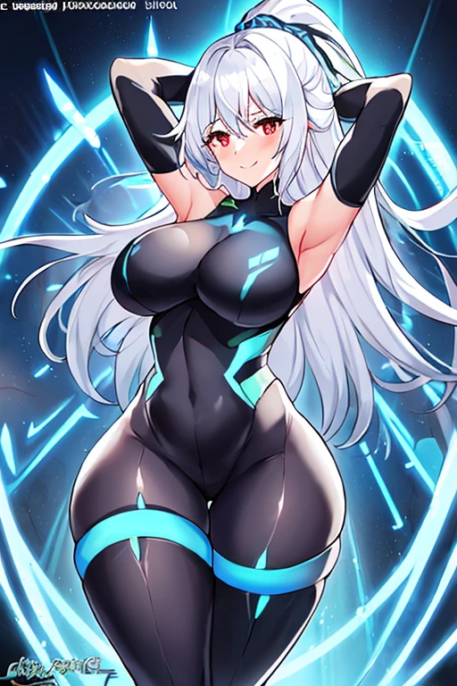 1girl, white hair, large breasts, breasts, thick thighs, wide hips, red eyes, bodysuit, black bodysuit, pantyhose, long hair, light smile, happy, science-fiction, tech, futuristic, black pantyhose, thighhighs, neon, machinery, hair ornament, ornament, neon trim, anime style, 2d, anime screencap, shoulder armor, blue neon trim, hip sway, swaying hips, bouncing breasts, arms behind back, hands behind head, arms behind head, arms up, me!me!me dance /(meme/), dancing, dance, hourglass figure