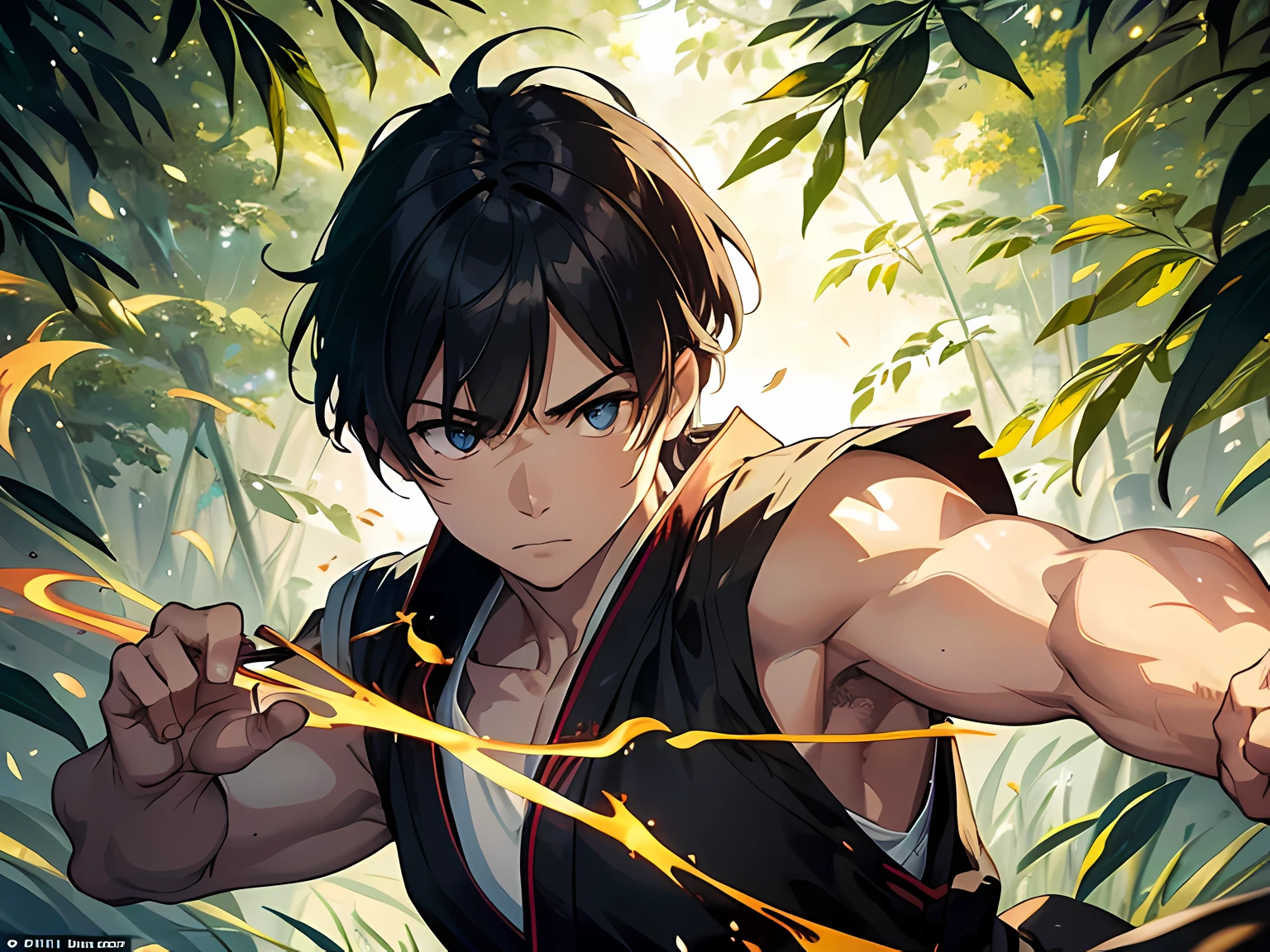 ((realistic: 1.5)), ((best quality)), ((primary work)), ((detailed)), ((high quality)), ((sharp focus)), ((beautiful eyes finely detailed)), A Kung Fu artist, showing His feats in the martial arts in a small bamboo training field. He does a dynamic fighting pose, surrounded by swirling leaves and a flames. Lighting is dramatic, emphasizing their determination. This scene captures the essence of Aftermath's journey to becoming a legendary warrior.