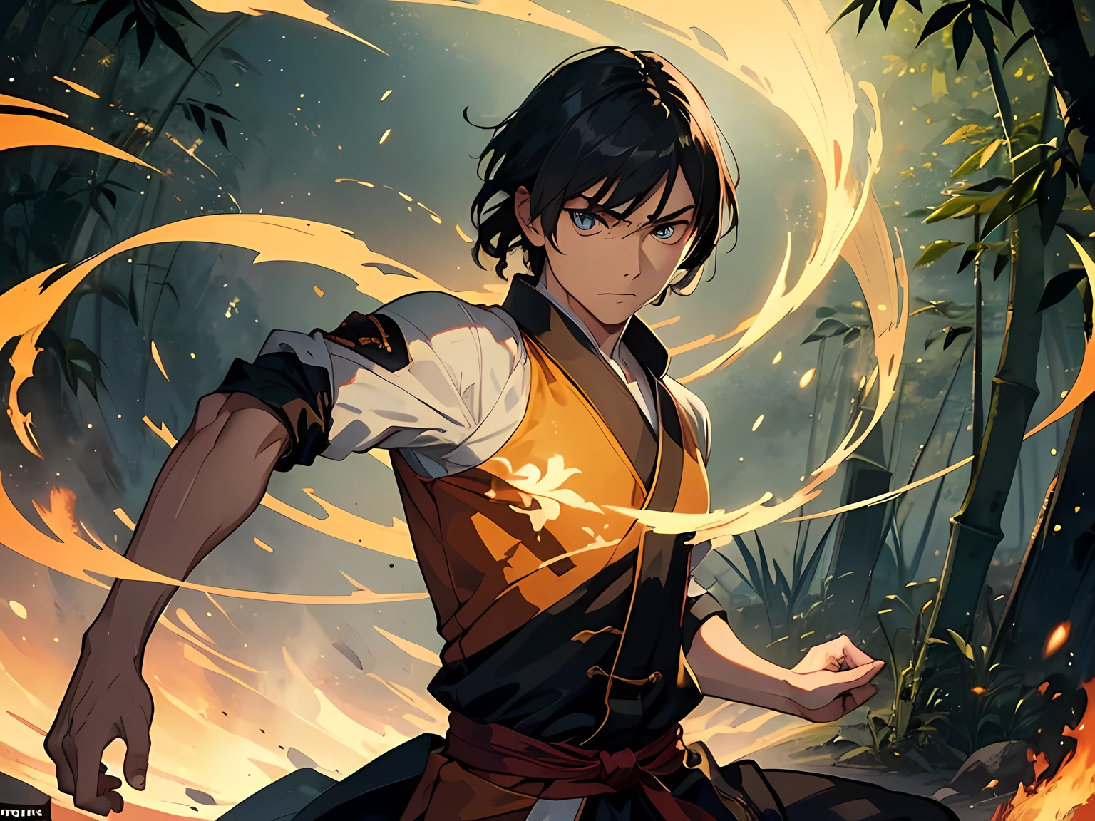 ((realistic: 1.5)), ((best quality)), ((primary work)), ((detailed)), ((high quality)), ((sharp focus)), ((beautiful eyes finely detailed)), A Kung Fu artist, showing His feats in the martial arts in a small bamboo training field. He does a dynamic fighting pose, surrounded by swirling leaves and a flames. Lighting is dramatic, emphasizing their determination. This scene captures the essence of Aftermath's journey to becoming a legendary warrior.