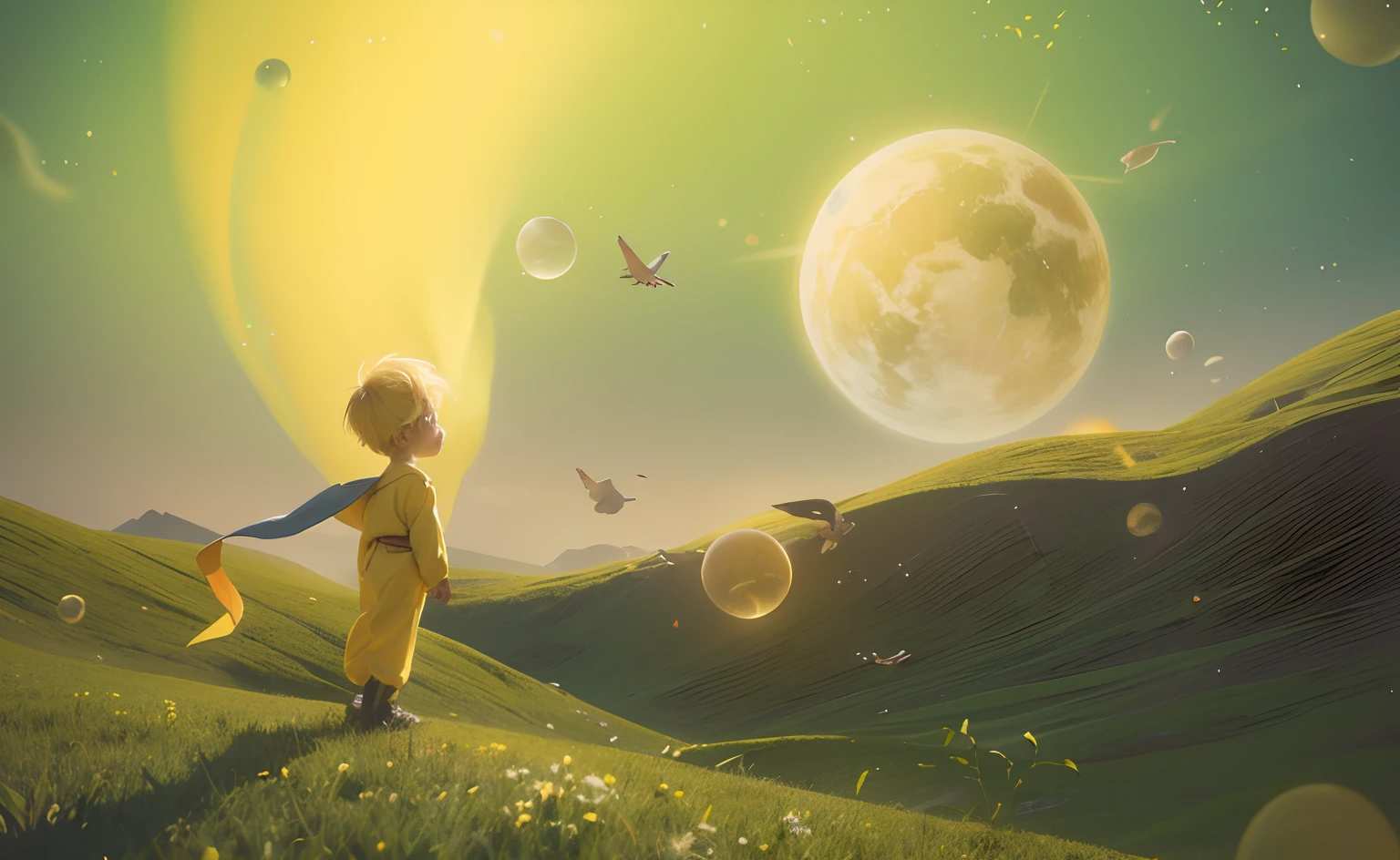 There was a boy standing in the middle of a field, the little prince, Yellow hair，Green clothes，Yellow scarf，A lonely fox is accompanied by a rose，matte digital illustration, 数字插图 -, Digital illustration, stunning digital illustration, digital art illustration, Looking out at the lost space from Earth, Children's illustration, Stylized digital illustration, A beautiful artwork illustration, children illustration, in style of digital illustration, Beautiful digital illustration
