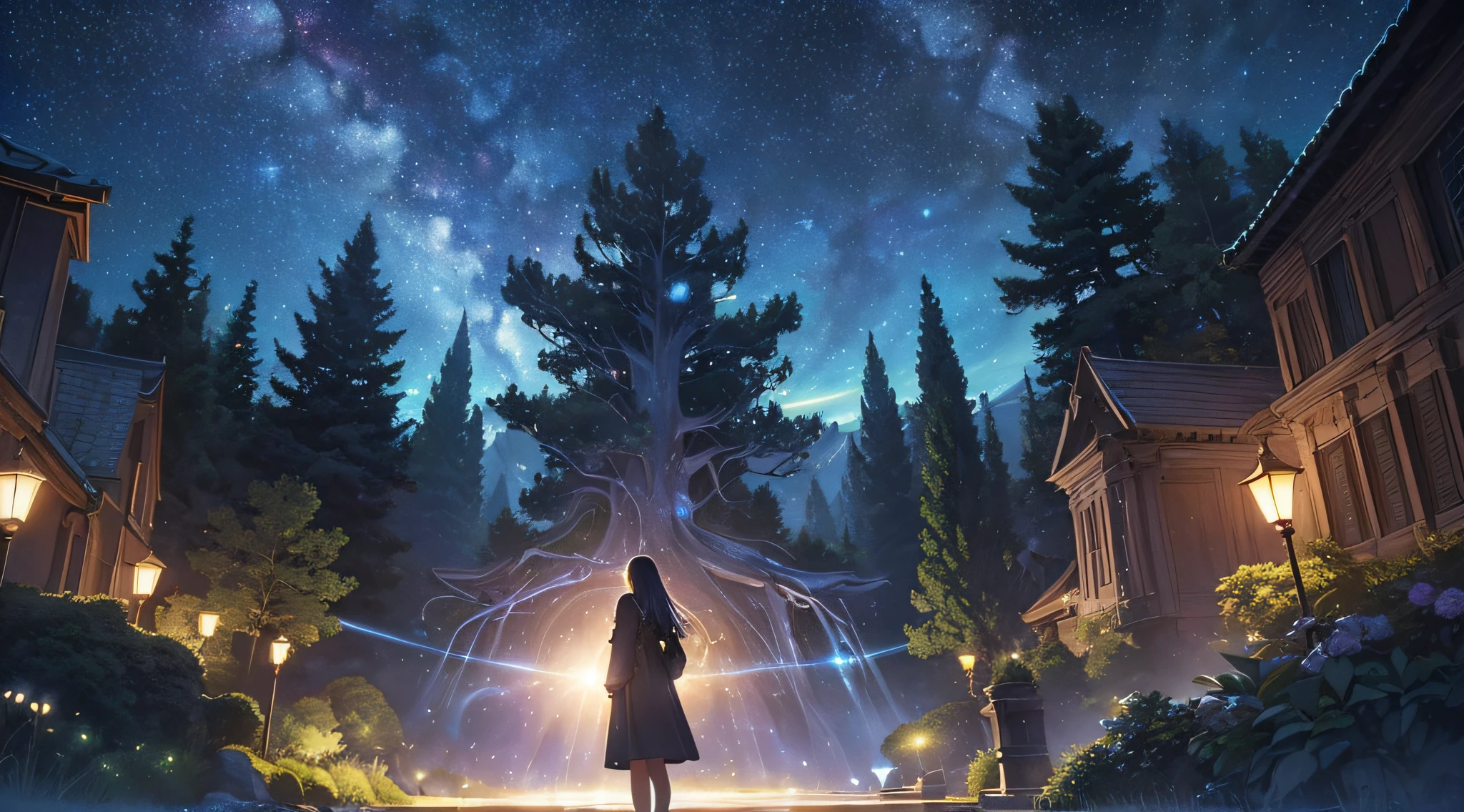 ​masterpiece、Background with((Fantastic starry sky、meteors、black hole))、Depth((Mysterious giant tree、Luminescent、plants))、front（（a beauty girl、One-piece high-detail embroidery））