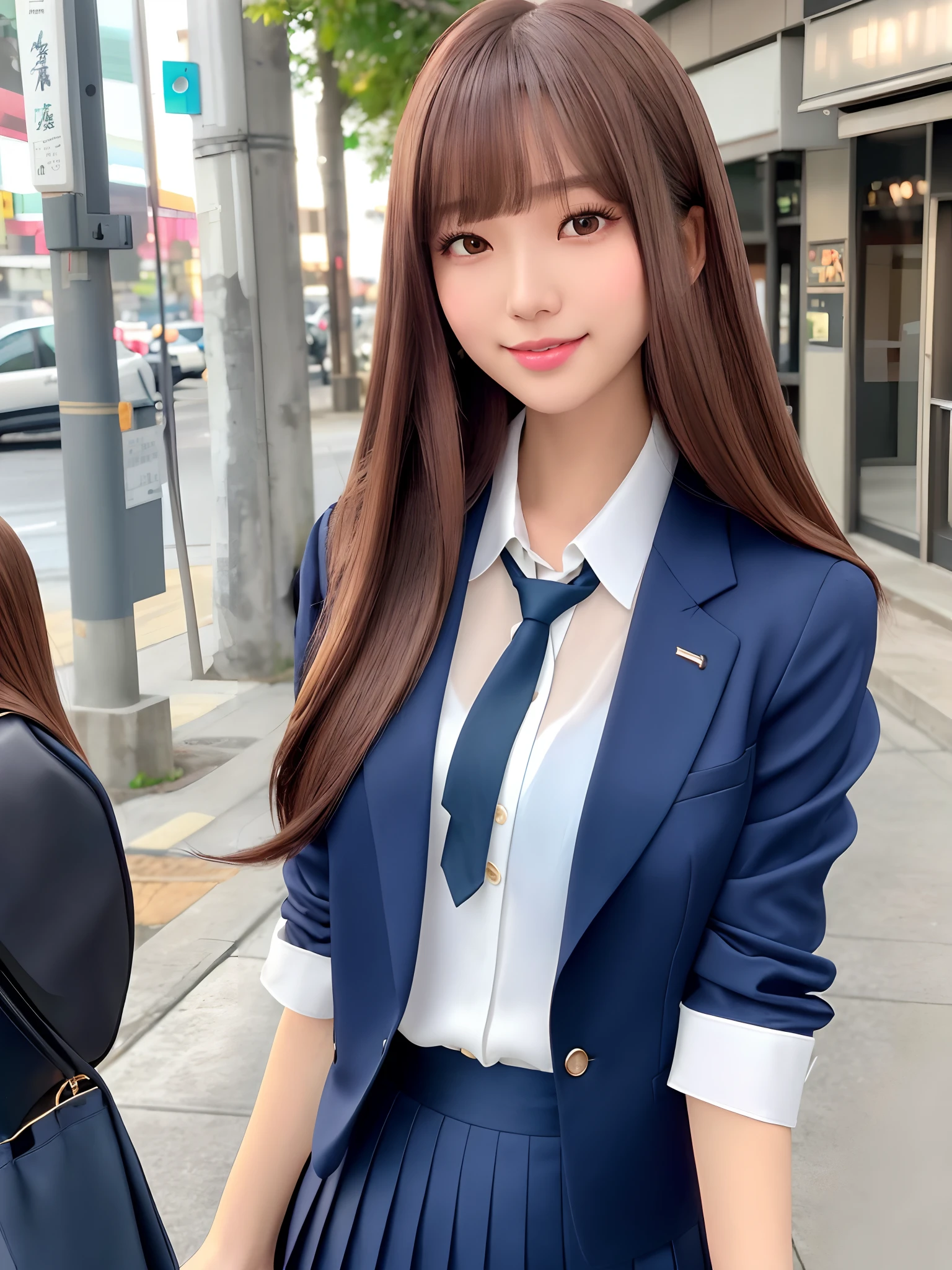 product quality, 1girl, upper body shot, front view, a Japanese young pretty woman, long bob hair, walking with a big smile on a crowded sidewalk in the morning, glamorous figure, dark blue blazer, white collared silky satin shirt, shiny satin dark blue plain long tie, dark blue pleated long skirt, school bag over her shoulder, hyper cute face, glossy lips, double eyelids in both eyes, natural makeup, long eyelashes, shiny smooth light brown long bob hair, asymmetrical bangs, a tanned skin, central image, high resolution, high detail, detailed hairstyle, detailed face, spectacular cinematic lighting, octane rendering, vibrant, hyper realistic, perfect limbs, perfect anatomy