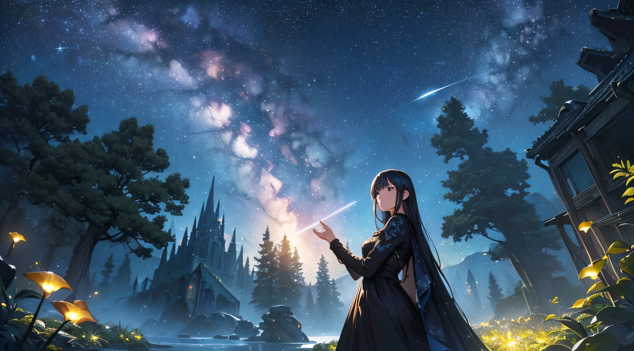 ​masterpiece、Background with((Fantastic starry sky、meteors、black hole))、Depth((Mysterious giant tree、Luminescent、plants))、front（（a beauty girl、One-piece high-detail embroidery））