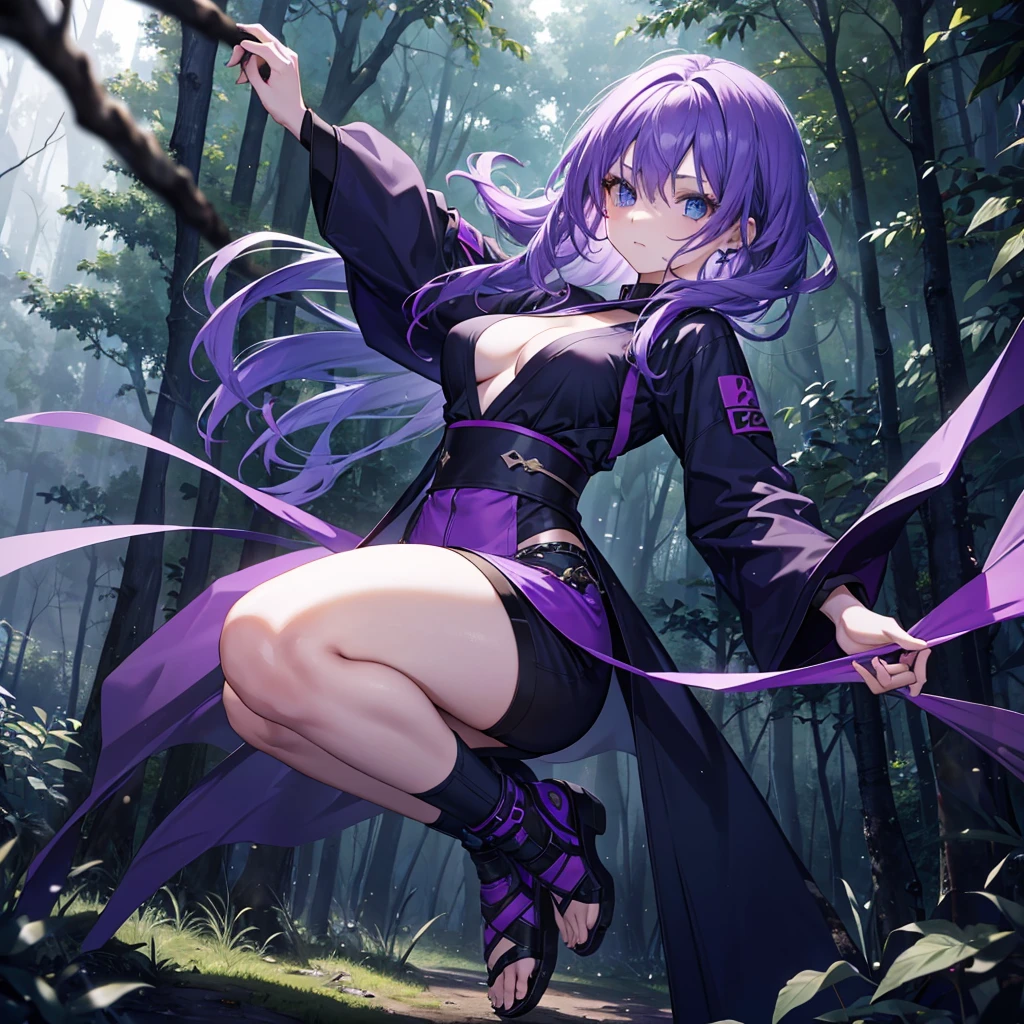 a beautiful girl with purple hair wearing ninja clothes in a forest, medium breasts, cerulean blue eyes, dark purple clothes, full body, highly detailed fingers, sfw