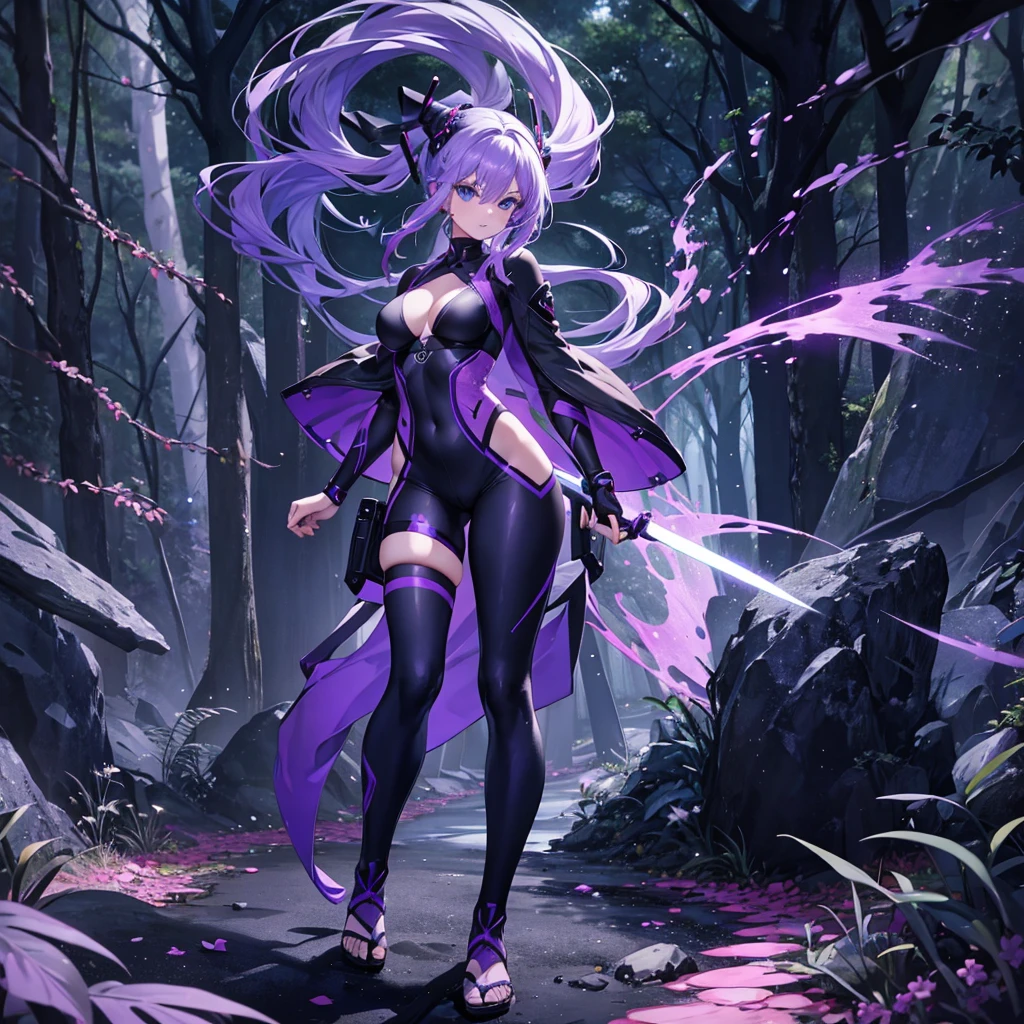 a beautiful girl with purple hair wearing ninja clothes in a forest, medium breasts, cerulean blue eyes, dark purple clothes, full body, highly detailed fingers, sfw