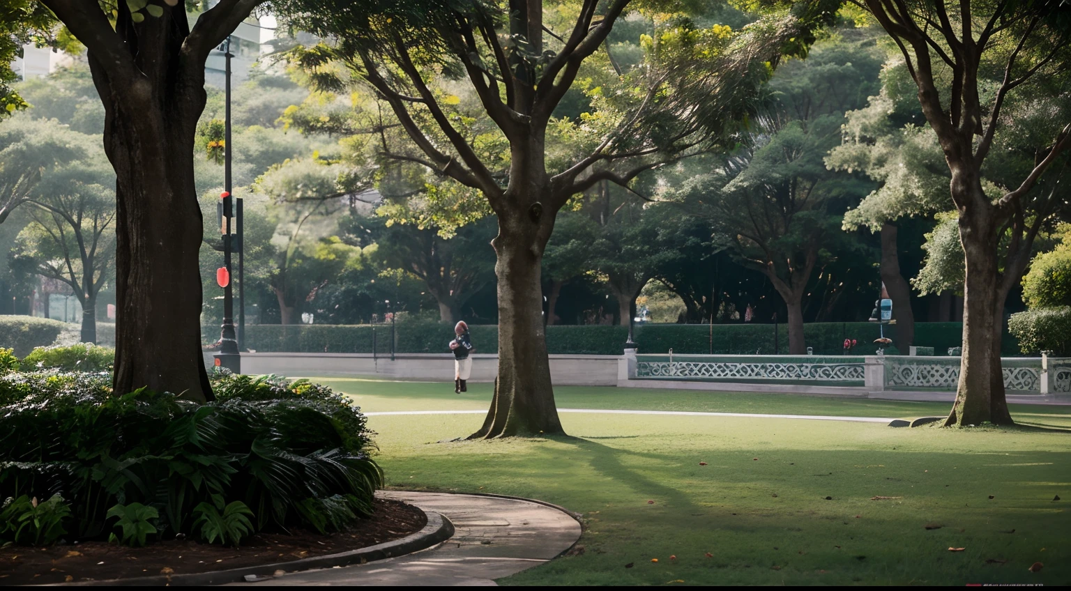 a hyper realistic photography of a Victoria Park in hong kong, no people, no words, Nikon D850 DSLR 4k camera, 100mm lens, F 1.2 aperture setting, bright and natural lighting, vibrant, fun and relaxing atmosphere