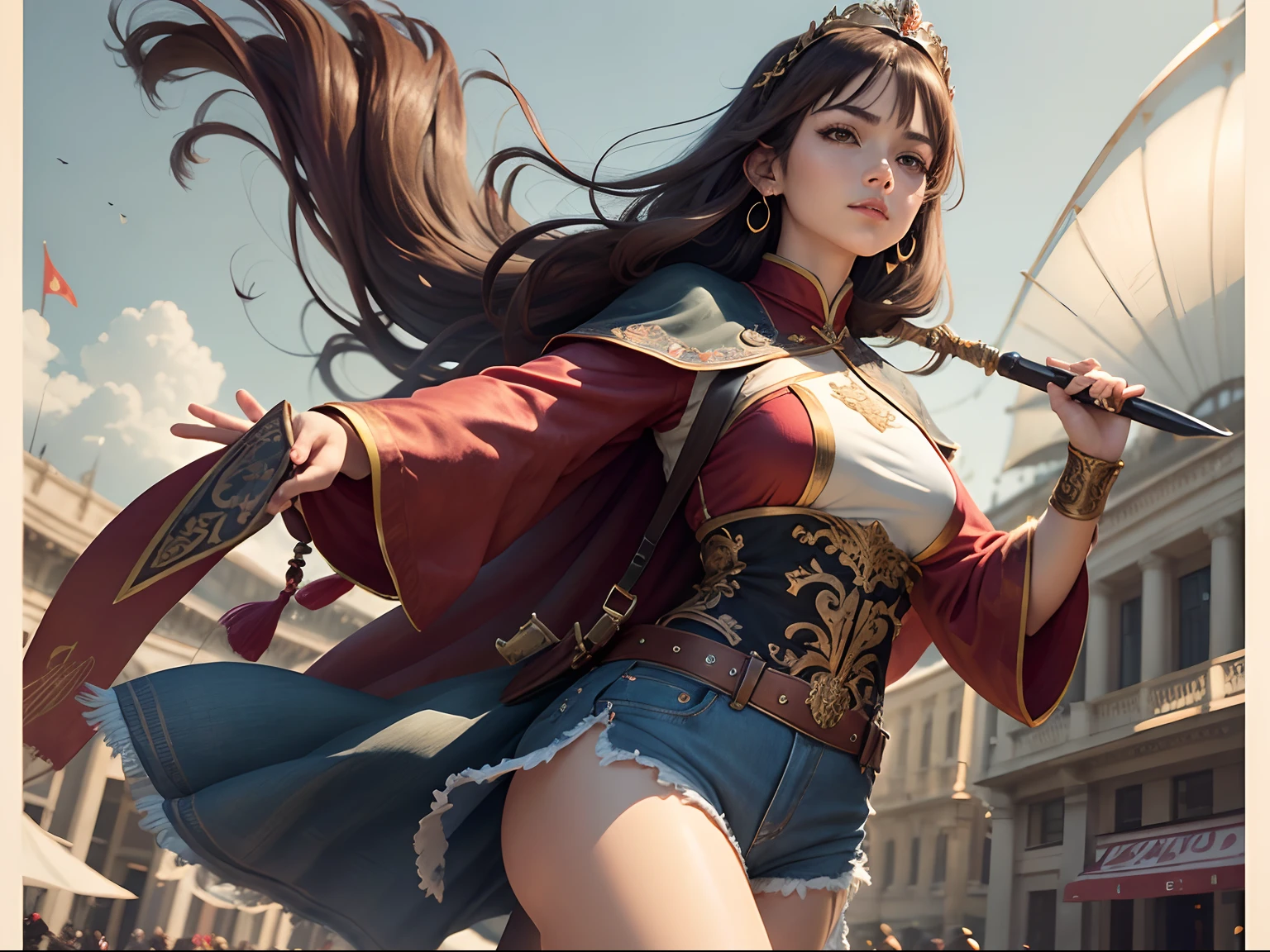 Best Quality, masutepiece, ultra-detailhigh-resolution, (Realistic: 1.4), Watercolor style, Illustration, Dazzling background color,, Skinny Girl with Weapons, (solo exhibition: 1.2), (denim lens: 1.2), (Hair crown: 1.2), (dark brown hair,Traditional Chinese Dunhuang costumes, No strap, (Red Eyeliner: 1.2), (: 1.4), (Accurate Hand Modeling),earrings, Dynamic Angle, Opera House, Messy_long_hair, inky, movie lights, lens_f lare, velvet, chrysanthemums, tassels, bow ribbon, Color embroidery,long boots,Photograph the whole body,Dance of the Sword,Holding a sword in his right hand,Camera work shot from a distance,