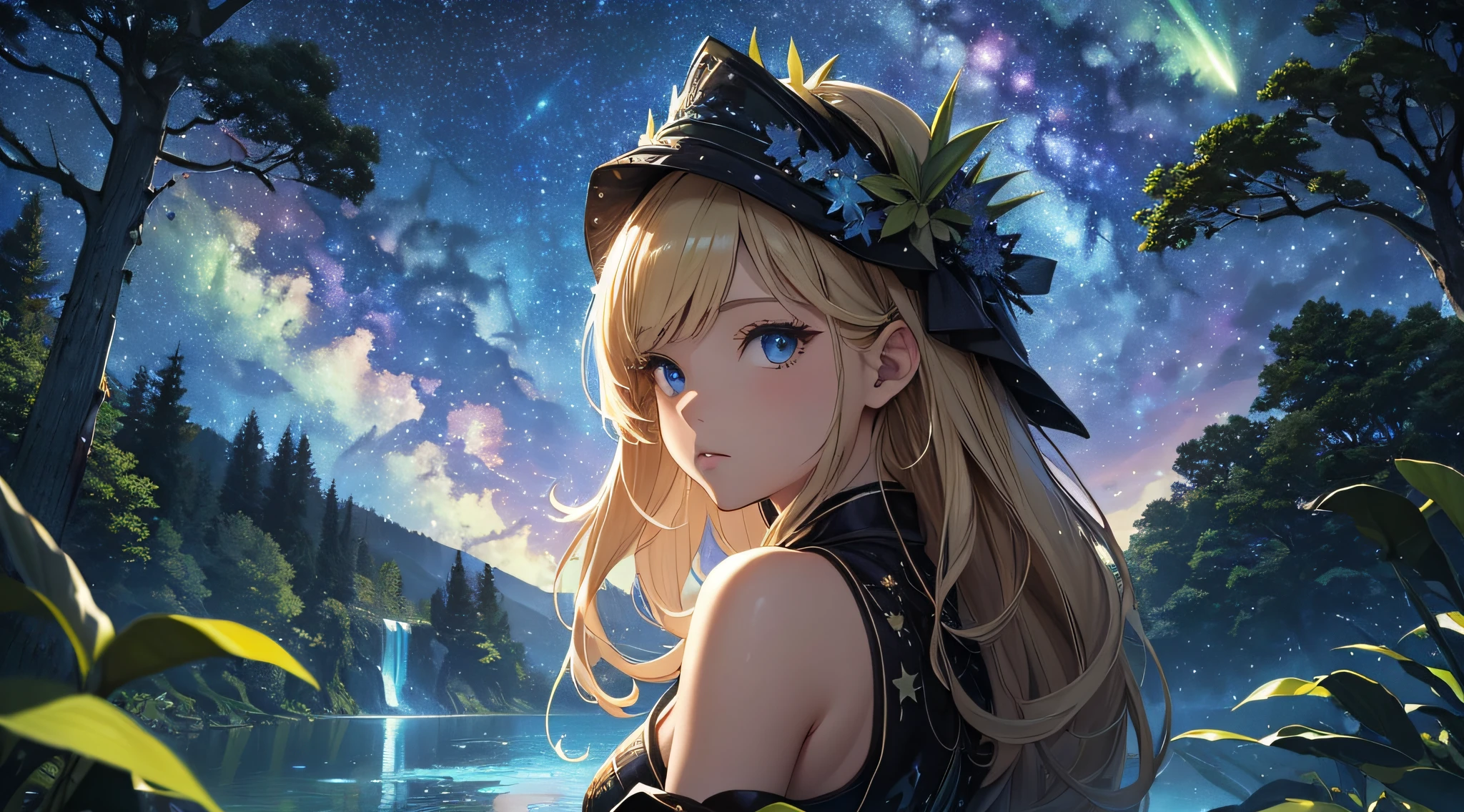 masterpiece、Background with((Fantastic starry sky、meteors、black hole))、Depth((Mysterious giant tree、Luminescent、plants))、front((a beauty girl、One-piece high-detail embroidery、a blond))