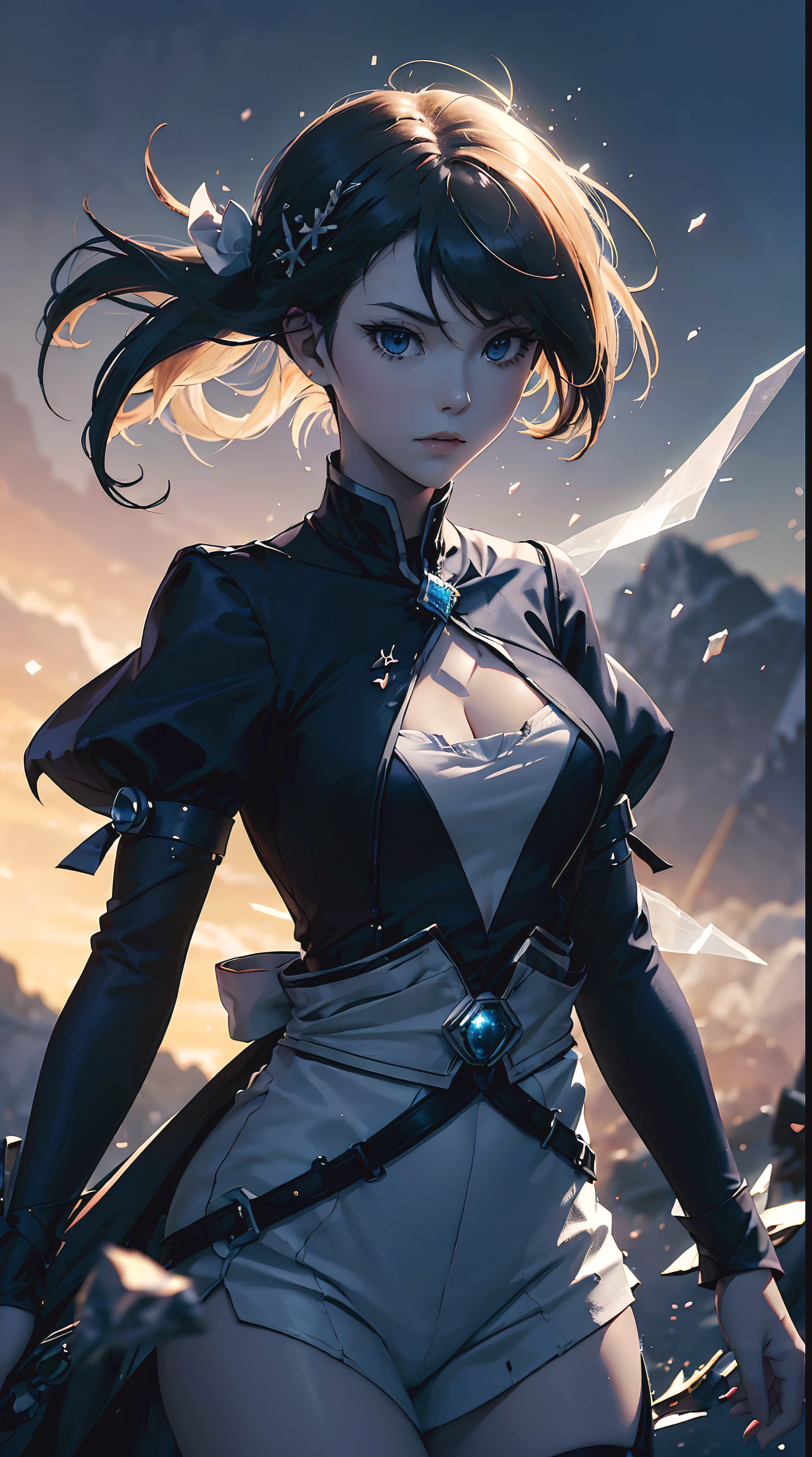 (dynamic angle:1.3),extreme closeup,windy,cinematic highlight,1girl,upper body,dacing,looking at viewer, violet_evergarden, solo, jewelry, blank eyes,brooch, blonde_hair,( vevry long hair:1.2),floating hairlong_sleeves, ribbon, blue_eyes, jacket, dress, gem, hair_ribbon,sky, depth_of_field, a close view of flying petal,HD lighting and dark )<=(epic image quality)dark atmosphere with bright particle light(many effects in background)