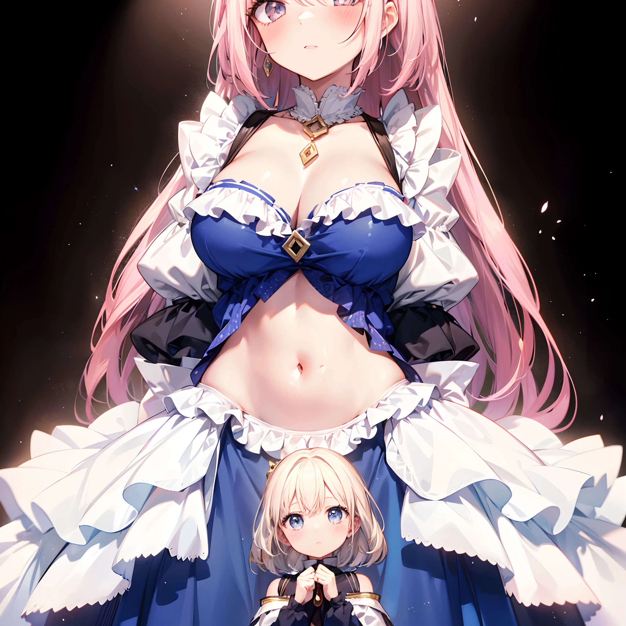 a girl from rear end looking up at a (giantess:1.2) girl, a giant woman (looking down:1.3) at a tiny woman, navel, beautiful eyes, looking down