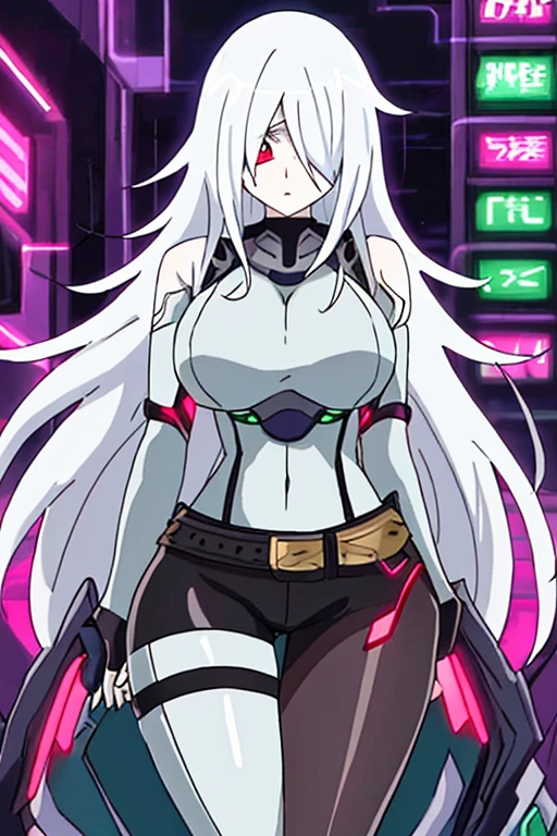 Anime style, anime screencap, 2d, white hair, one-eye covered, hair over one eye, long hair, futuristic, gray belt, grey belt, bodysuit, pantyhose, red eyes, neon trim, red neon trim, wide hips, thock thighs, thigh strap, arm strap, breasts, large breasts,