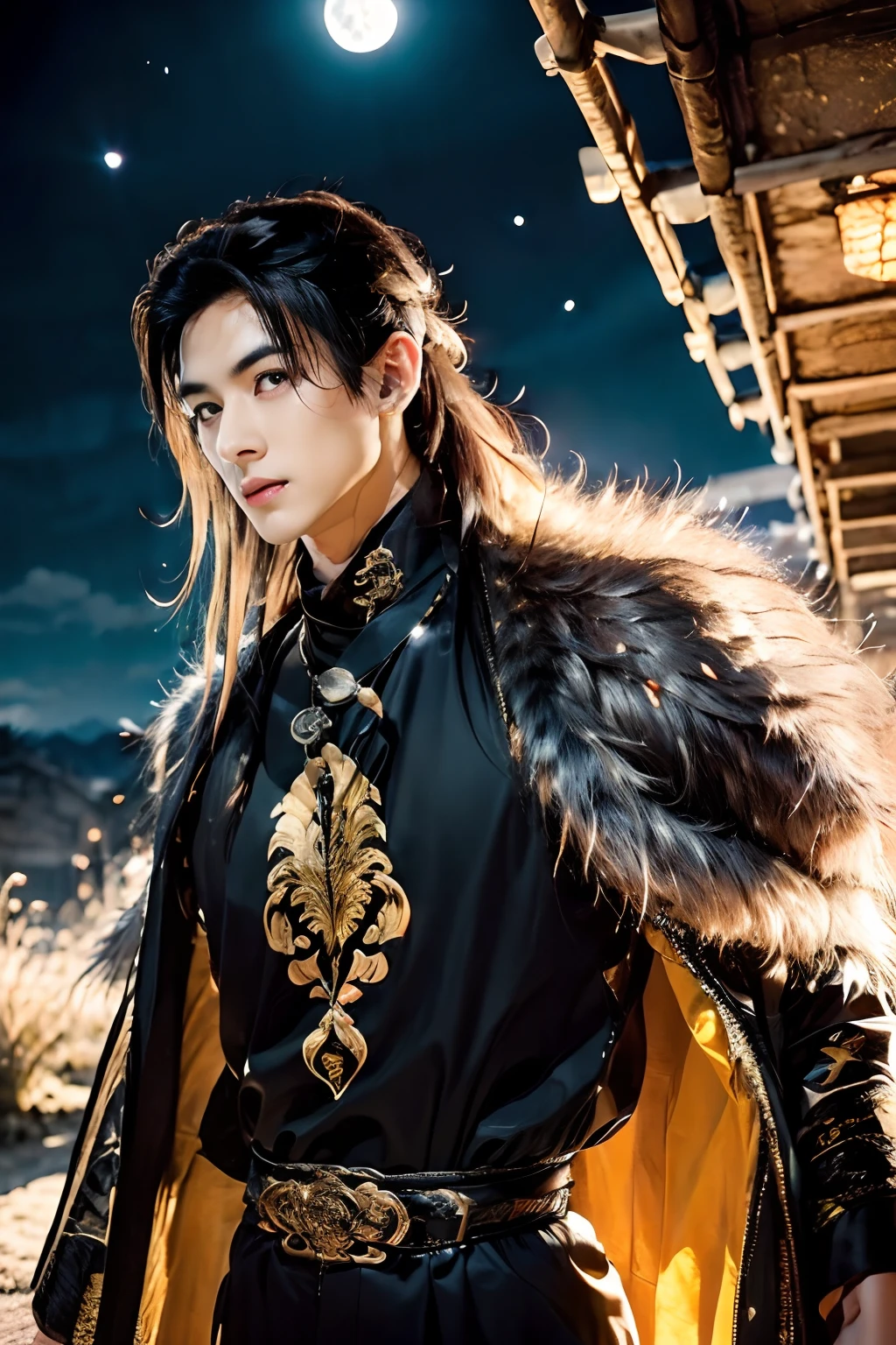 A 21-year-old Asian man,Thick eyebrows,Melon seed face,Handsome face,Men's full body ,A transparent streamer is tied to the body and flutters in the wind,mountain in background, Time is night。Deep blue sky,A full moon,his skin is fair,He is slender, The limbs have pronounced muscle lines,high-definition photography,Real-world scenarios,perfect eyes, perfect skin, perfect hands, Lots of detail, wearing black long robe, gold dragon embroidery, black long pants, black turtleneck shirt, lightning, magic, messy long hair, ponytail, looking into the distance, devilish gaze at viewer, cool and seductive, standing on the top of the mountain, wind blowing, proud