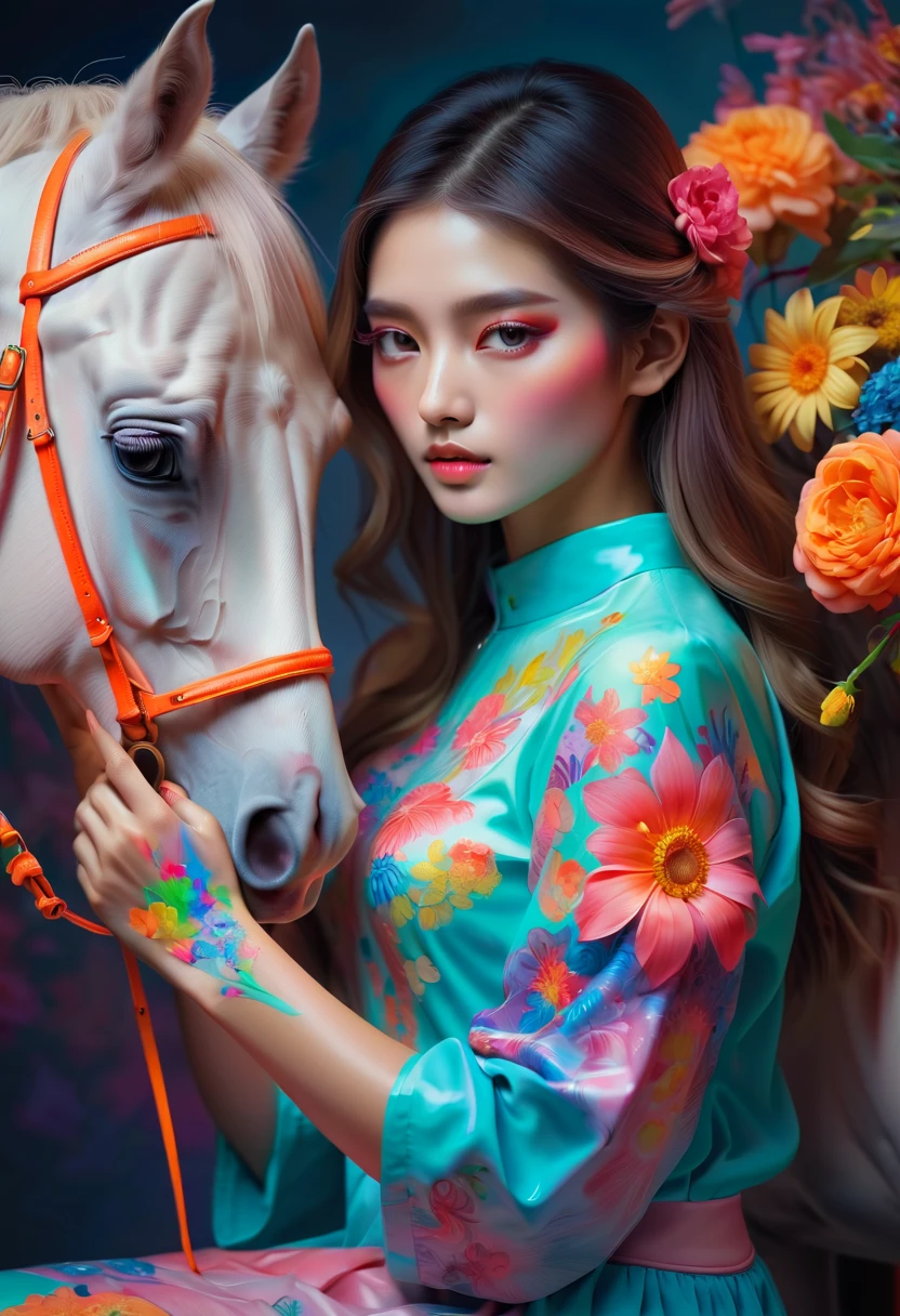 a beautiful girl painting her face with colored flower and a painting on her arm and a horse besides her, in the style of yanjun cheng, neon color palette, fluorescence, realistic hyper-detailed portraits, glowing, multi-layered figures, romanticized nature, intricate illustrations, loose and fluid, meticulous, hazy background