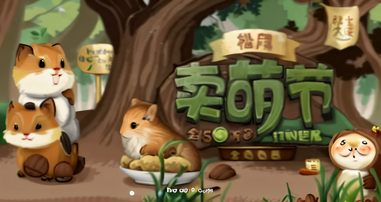 Three cute little squirrels carry nuts in a dense forest,Next to the tree there is a plate of slow pecans piled up,food advertisement
