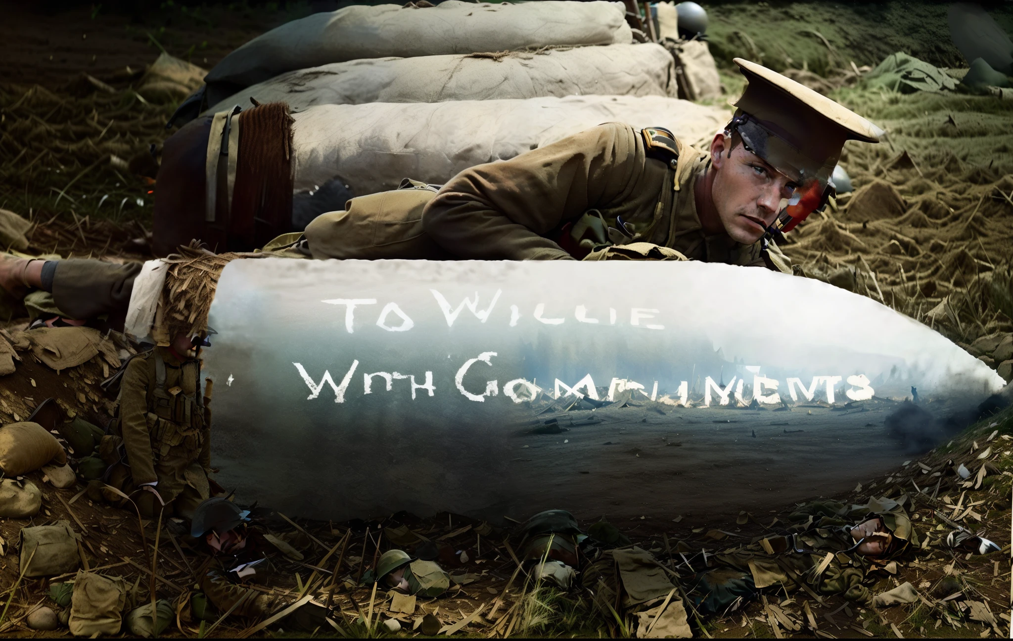 there is a man laying on the ground with a bunch of bombs, ww1 film photo, with a brilliant, perfect military composure, colourized, wwi, ww1, ww 1, with, ww1 photo, award winning colorized photo, 1914, 1 9 1 4, 1 9 1 7, 1943, 1916