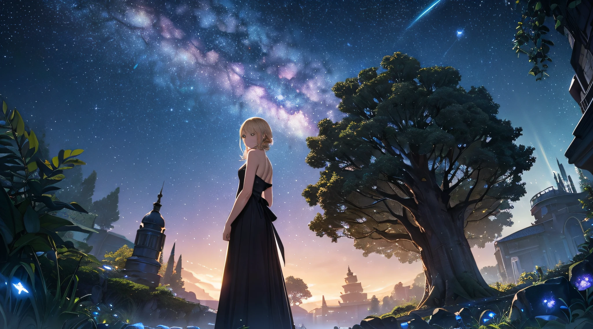 masterpiece、Background with((Fantastic starry sky、meteors、black hole))、Depth((Mysterious giant tree、Luminescent、plants))、front((a beauty girl、One-piece high-detail embroidery、a blond))