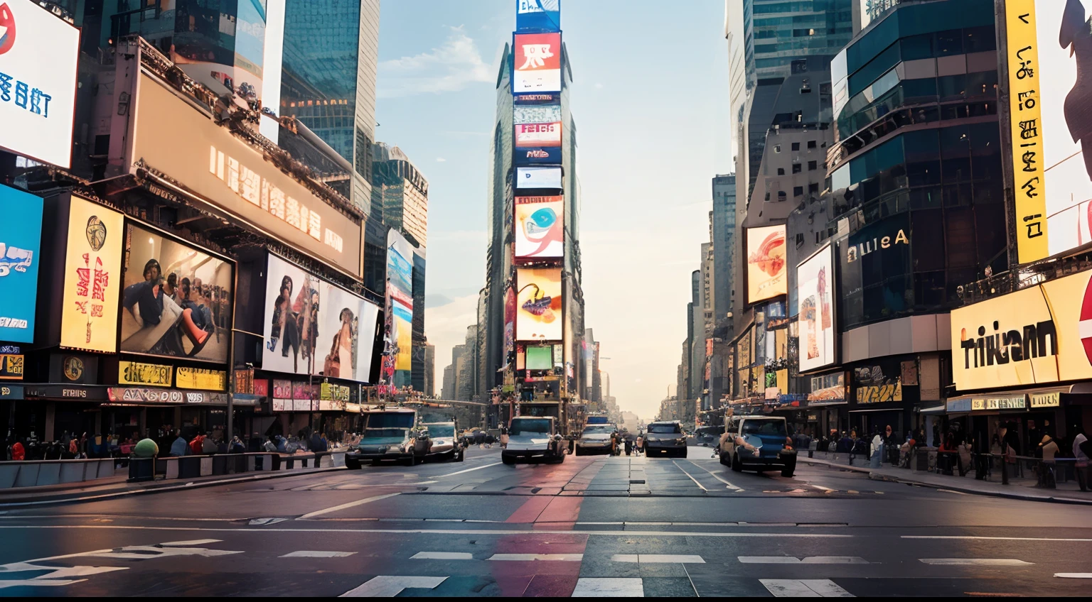 a hyper realistic photography of Times Square in hong kong, no people, no words, Nikon D850 DSLR 4k camera, 100mm lens, F 1.2 aperture setting, bright and natural lighting, vibrant, fun and relaxing atmosphere