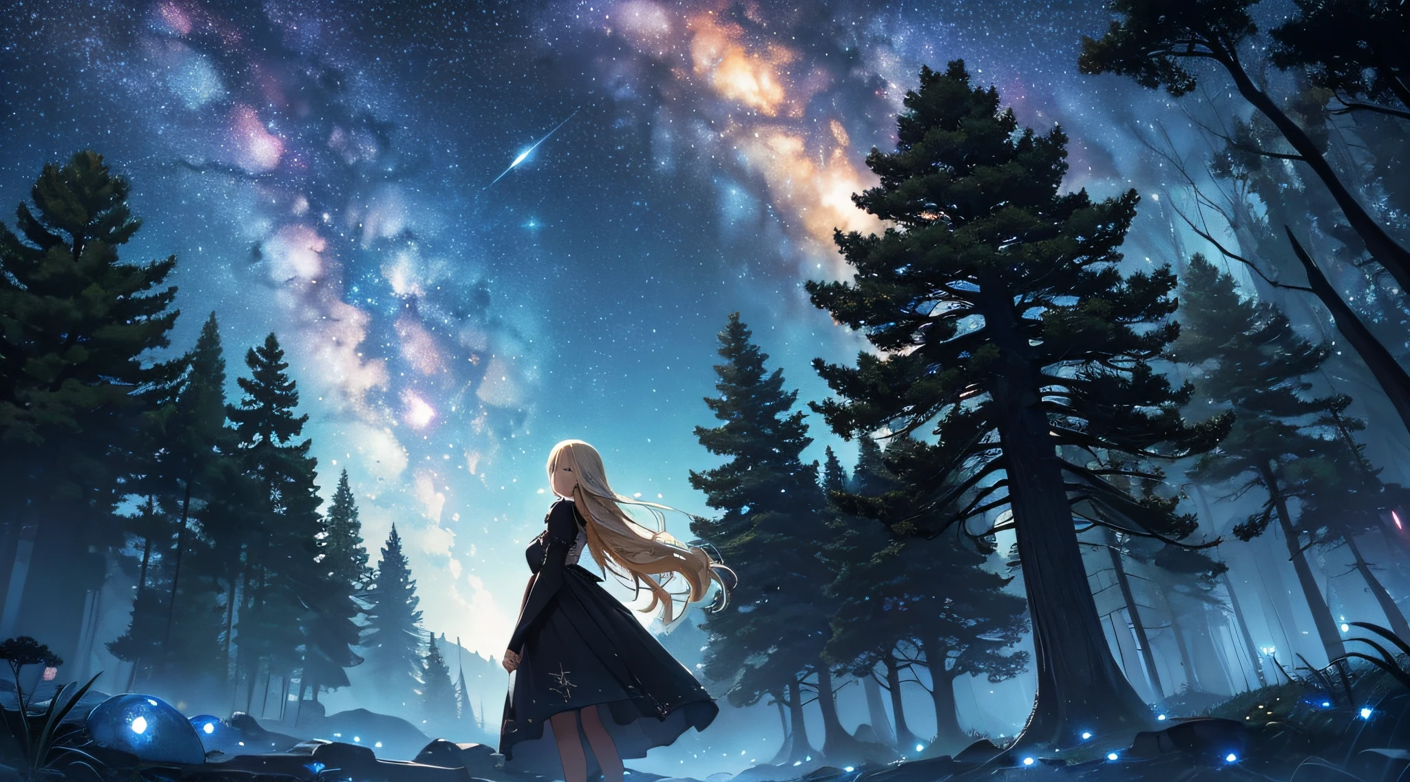 ​masterpiece、Background with((Fantastic starry sky、meteors、black hole))、Depth((Mysterious giant tree、Luminescent、plants))、front（（a beauty girl、One-piece high-detail embroidery、a blond））