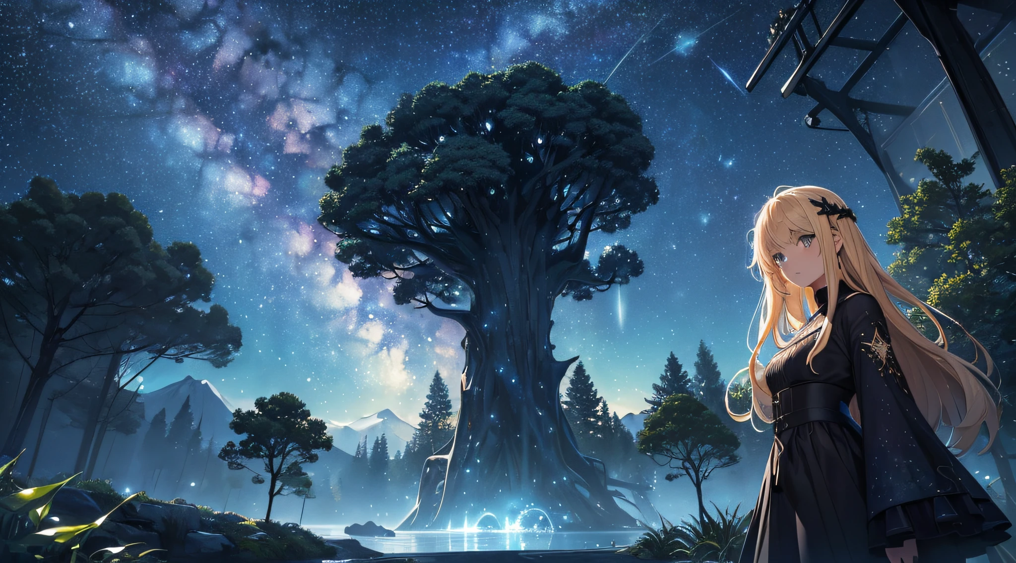 ​masterpiece、Background with((Fantastic starry sky、meteors、black hole))、Depth((Mysterious giant tree、Luminescent、plants))、front（（a beauty girl、One-piece high-detail embroidery、a blond））