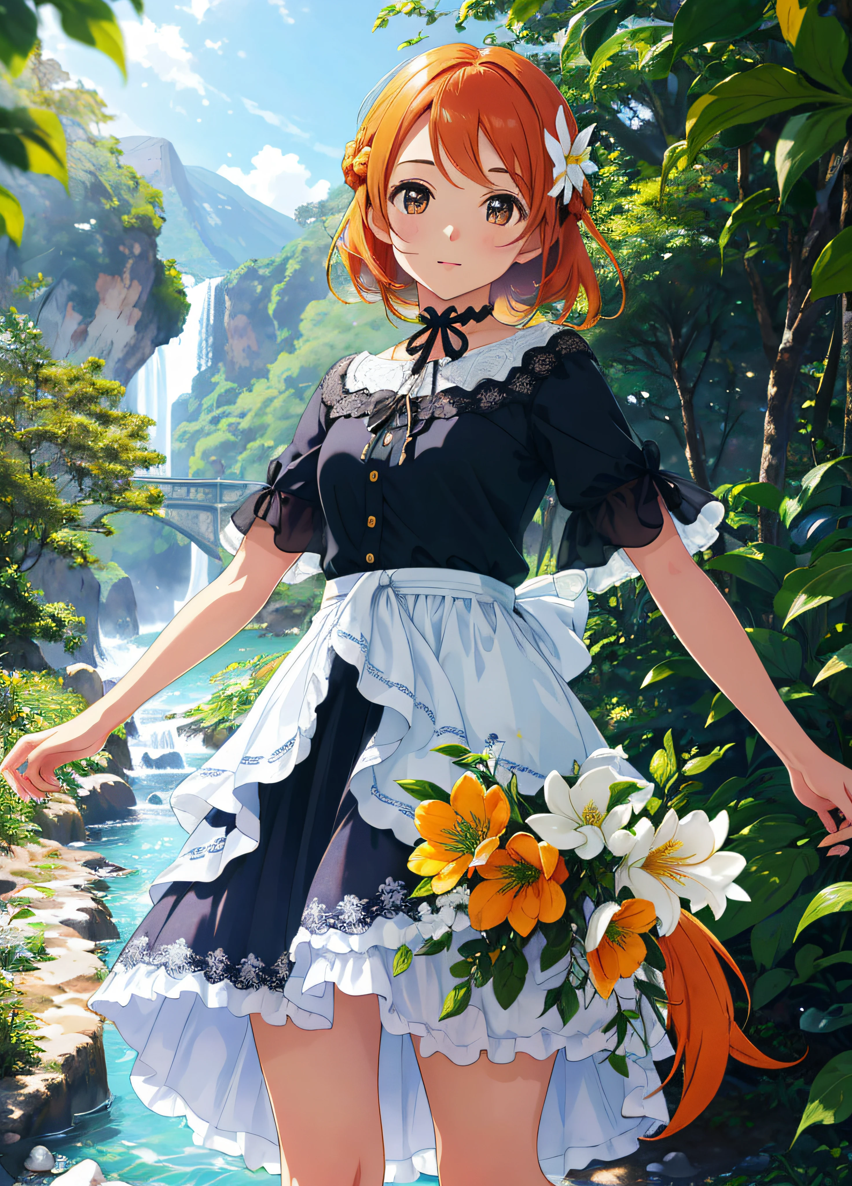 female only, seios grandes, Fishtail braid, Stubborn expressions, orange hair, olhos castanhos, Standing with arms hanging loosely, corpo inteiro, Karen Hojo, 
vestindo multicolorido_Vestido de enrolamento de hem de babados, (cetim:1.2), Satin lace, 
master part, best quality, illustration, Detalhes bonitos do rosto e dos olhos, pele detalhada, roupas altamente detalhadas, 
clear sharp focus, papel de parede, Megapixel, Altas, detalhes intrincados, roupas ultra-detalhadas, 8k, silhueta, Zoom Dolly, professional lighting, HDR, ray tracing, light particles, 
Um vale de montanha isolado com um rio sinuoso e flores silvestres em flor, grafity, magnolia, Misterioso, Warhol,