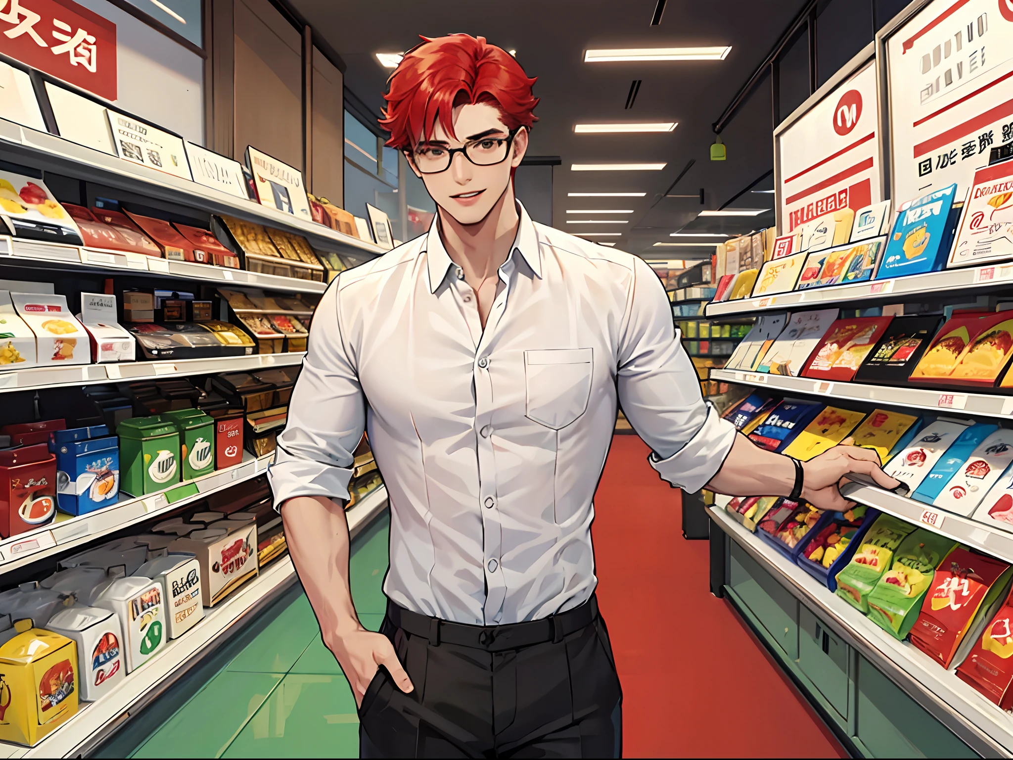 of a guy，Wearing round-rimmed glasses，red tinted hair，Very handsome，big laughter，fit-muscled body，wearing  shirt。In the door of an unmanned supermarket，Empty shelves。