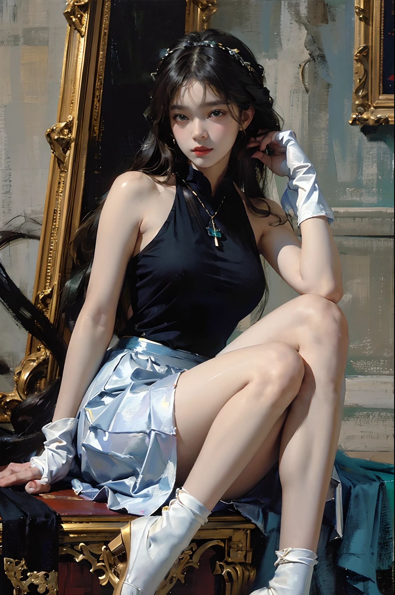 ((Best quality)), ((Masterpiece)), ((1girll)), Solo, ferry, ((Long hair)), Ferry base, ((upper legs)), Bare shoulders, ((jewelry)), ((Sleeveless)), White dress, Blue skirt, ((mitts)), thigh high, （Nikolai Fehin），(Fitchin oil on canvas， Fei Xin's oil painting, Oil painting), 02