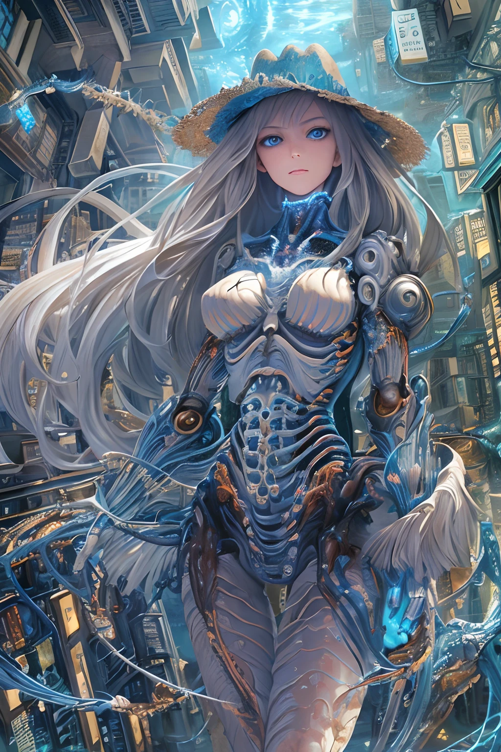 masterpiece, best quality, ultra-detailed, absurdres, colorful, 1girl, solo, (blue eyes:1.0), (long hair, straight hair:1.0), detailed eyes, wide-eyed, eyelashes, fractal, mechanical, science fiction, cowboy shot, veins, (gradient background:0.6), infinite, cables, dynamic, glowing, skinny, android, bones, city, underwater, floating