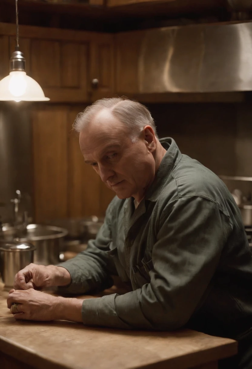 A photo of a dimly lit kitchen with stainless steel appliances and cooking utensils on the counter.,The Silence of the Lambs,Lecter’s appearance is described as being disarmingly ordinary yet neat, with an intense gaze and a hint of predatory sharpness. He often presents himself with impeccable manners, a calm composure, and a precise, almost surgical precision in movement, masking the monster that lies beneath his civilized veneer.