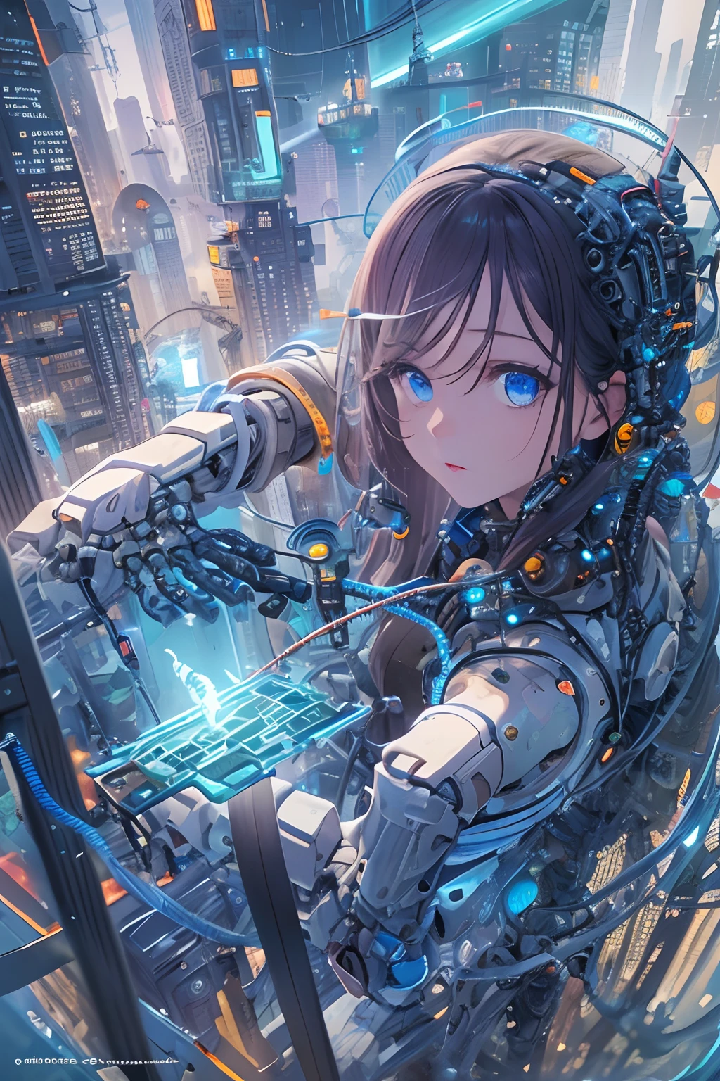 masterpiece, best quality, ultra-detailed, absurdres, colorful, 1girl, solo, (blue eyes:1.0), (long hair, straight hair:1.0), detailed eyes, wide-eyed, eyelashes, fractal, mechanical, science fiction, cowboy shot, veins, (gradient background:0.6), infinite, cables, dynamic, glowing, skinny, android, bones, city, underwater, floating