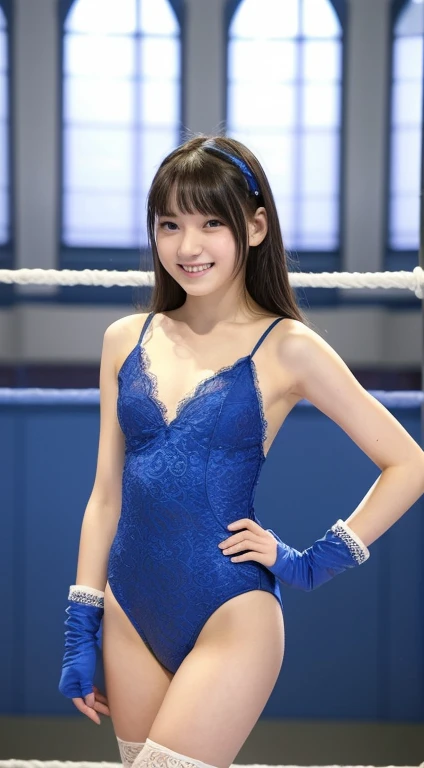(Lori,, teens), (lacric,Light blue one-piece swimsuit), Very small breasts,(straight haired,short-hair),Stand in the ring of professional wrestling,extremely detailed face and skin, Detailed eyes, Double eyelids, Grinning smile,put hands on the hip,knee high socks,Ring Boots,Lace gloves