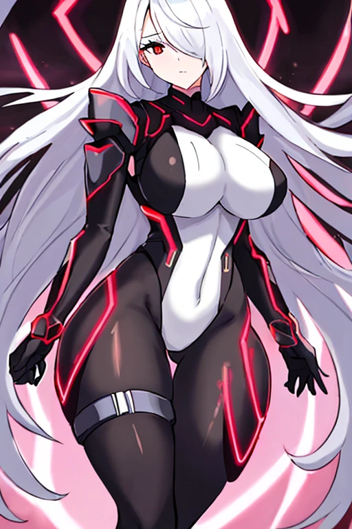 1girl, white hair, large breasts, breasts, thick thighs, wide hips, red eyes, bodysuit, black bodysuit, pantyhose, long hair, science-fiction, tech, futuristic, black pantyhose, neon, neon trim, anime style, 2d, anime screencap, shoulder armor, red neon trim, hourglass figure, one-eye covered, hair over one eye, hair over one-eye, thigh strap, serious, leotard