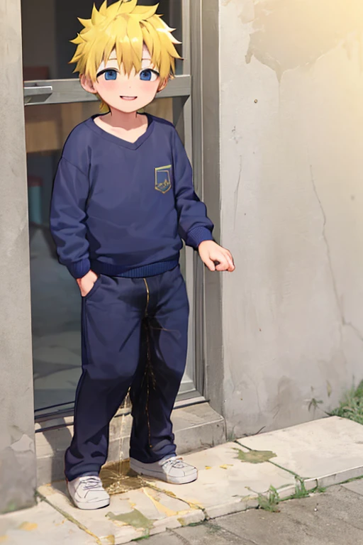 younge boy, Yellow hair, Blue children's clothing, ((pee stain)), Smiling, at the doorstep of a school