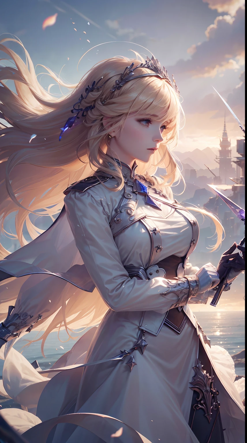 (dynamic angle:1.3),extreme closeup,windy,cinematic highlight,1girl,upper body,dacing,looking at viewer, violet_evergarden, solo, jewelry, blank eyes,brooch, blonde_hair,( vevry long hair:1.2),floating hairlong_sleeves, ribbon, blue_eyes, jacket, dress, gem, hair_ribbon,sky, depth_of_field, a close view of flying petal,HD lighting and dark )<=(epic image quality)dark atmosphere with bright particle light(many effects in background)