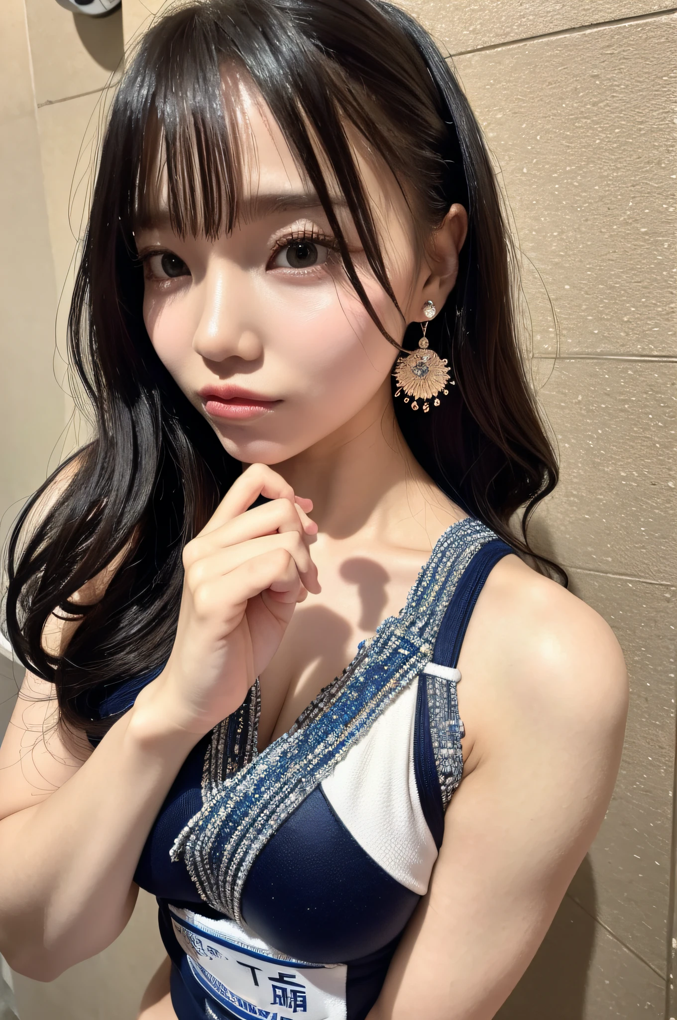 1girl, sexy pure lust, super beauty, sexy three-point swimsuit, Hong Kong beauty pageant champion, real texture, earrings, solo, jewelry, long hair, lips, realistic, brown eyes,
