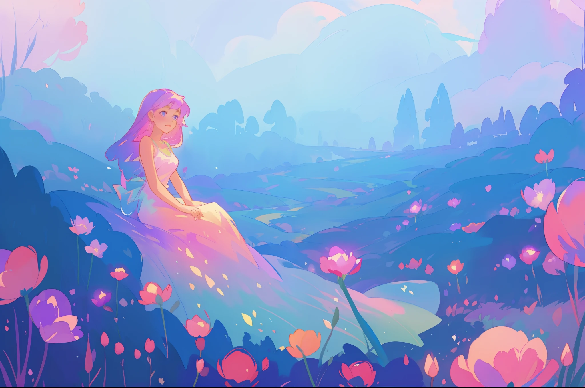 beautiful girl in flowing gradient dress sitting in a field of flowers, beautiful fantasy landscape, vibrant colors, (((otherworldly landscape))), whimsical landscape, purples pinks blues, watercolor illustration, disney art style, glowing lights, beautiful digital illustration, fantasia otherworldly landscape plants flowers, beautiful, masterpiece, best quality, anime disney style