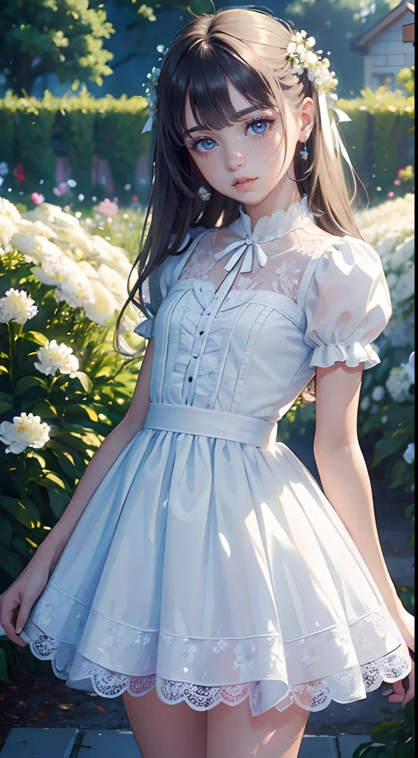 (masterpiece, best quality:1.6), white lace dress, cowboy shot, thighs, beautiful girl, (flowers, many small white petals:1.3), garden, blue sky, looking at viewer, small waist, official art, raw photo, incredibly absurdres, facelight, dynamic lighting, cinematic lighting, ultra realistic, highres, photography, sharp focus, highest detailed, extreme detailed, ultra detailed, finely detail, extremely detailed eyes and face
