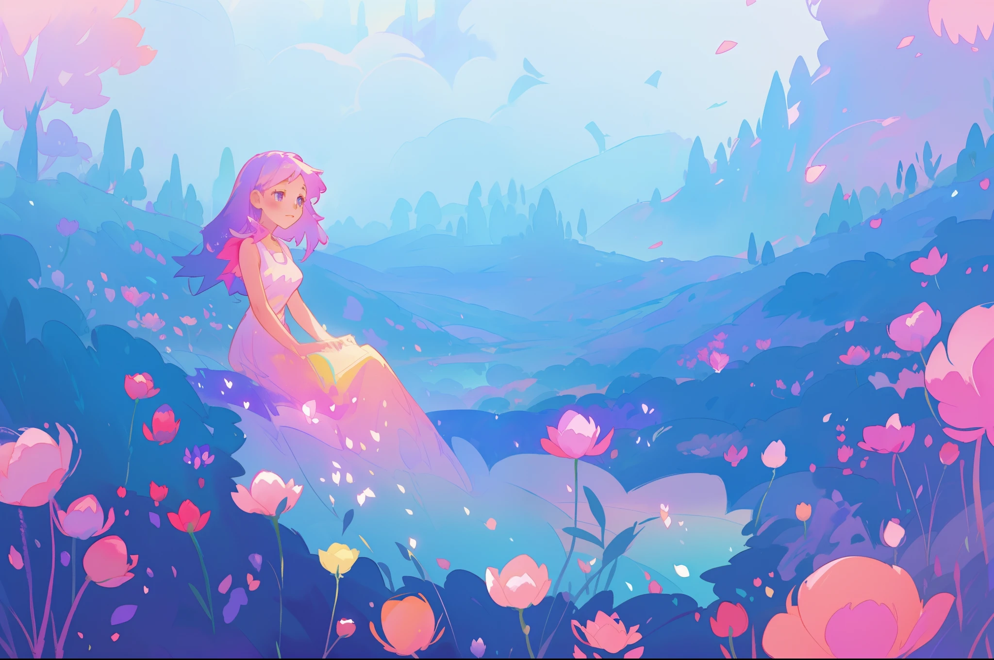 beautiful girl in flowing gradient dress sitting in a field of flowers, beautiful fantasy landscape, vibrant colors, (((otherworldly landscape))), whimsical landscape, purples pinks blues, watercolor illustration, disney art style, glowing lights, beautiful digital illustration, fantasia otherworldly landscape plants flowers, beautiful, masterpiece, best quality, anime disney style